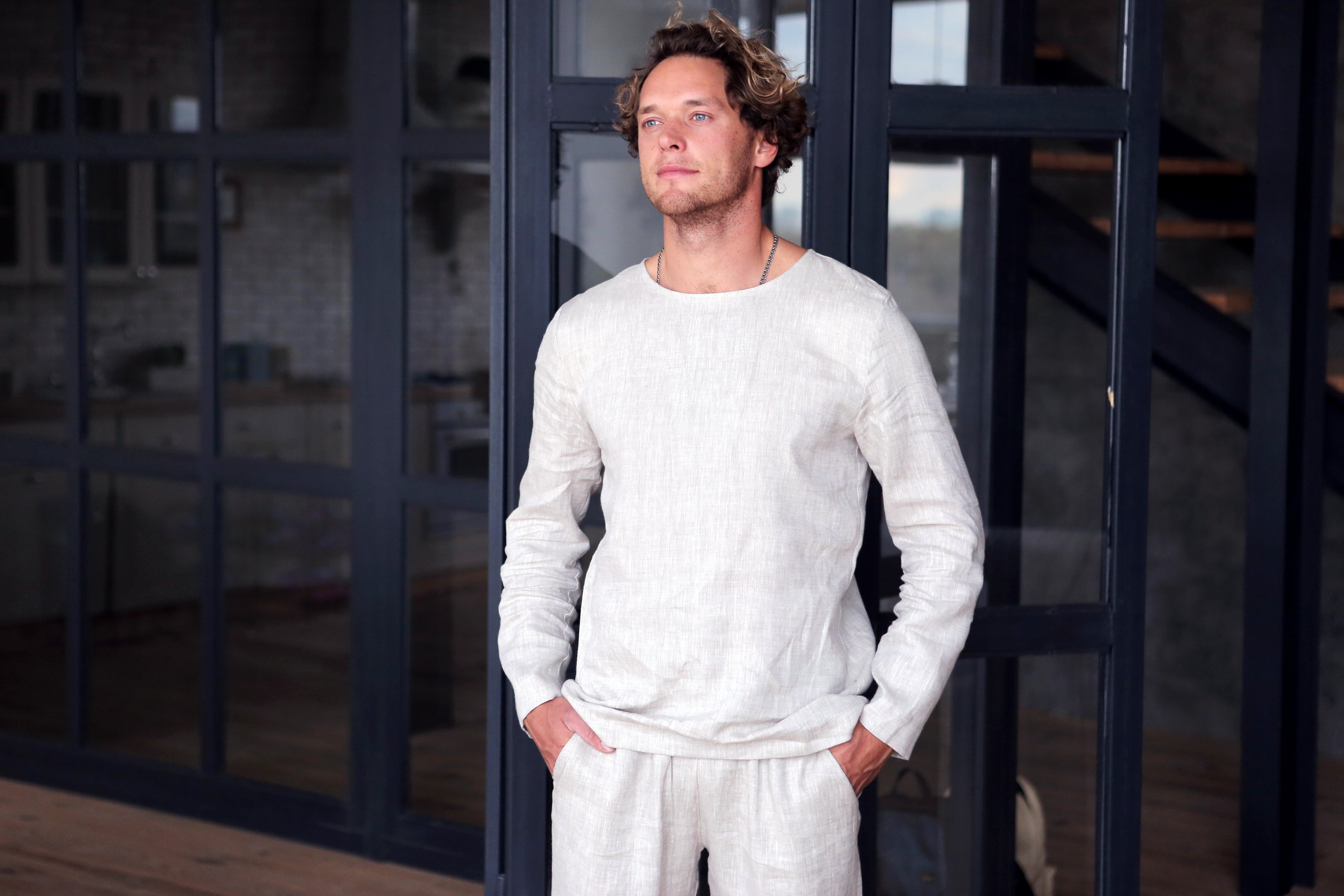 Long Sleeve Linen T-Shirt BIRCH in Beige