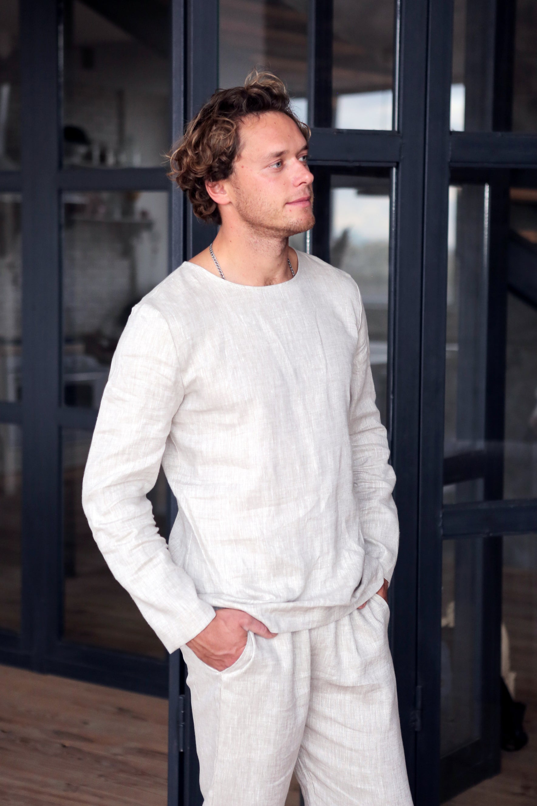 Long Sleeve Linen T-Shirt BIRCH in Beige