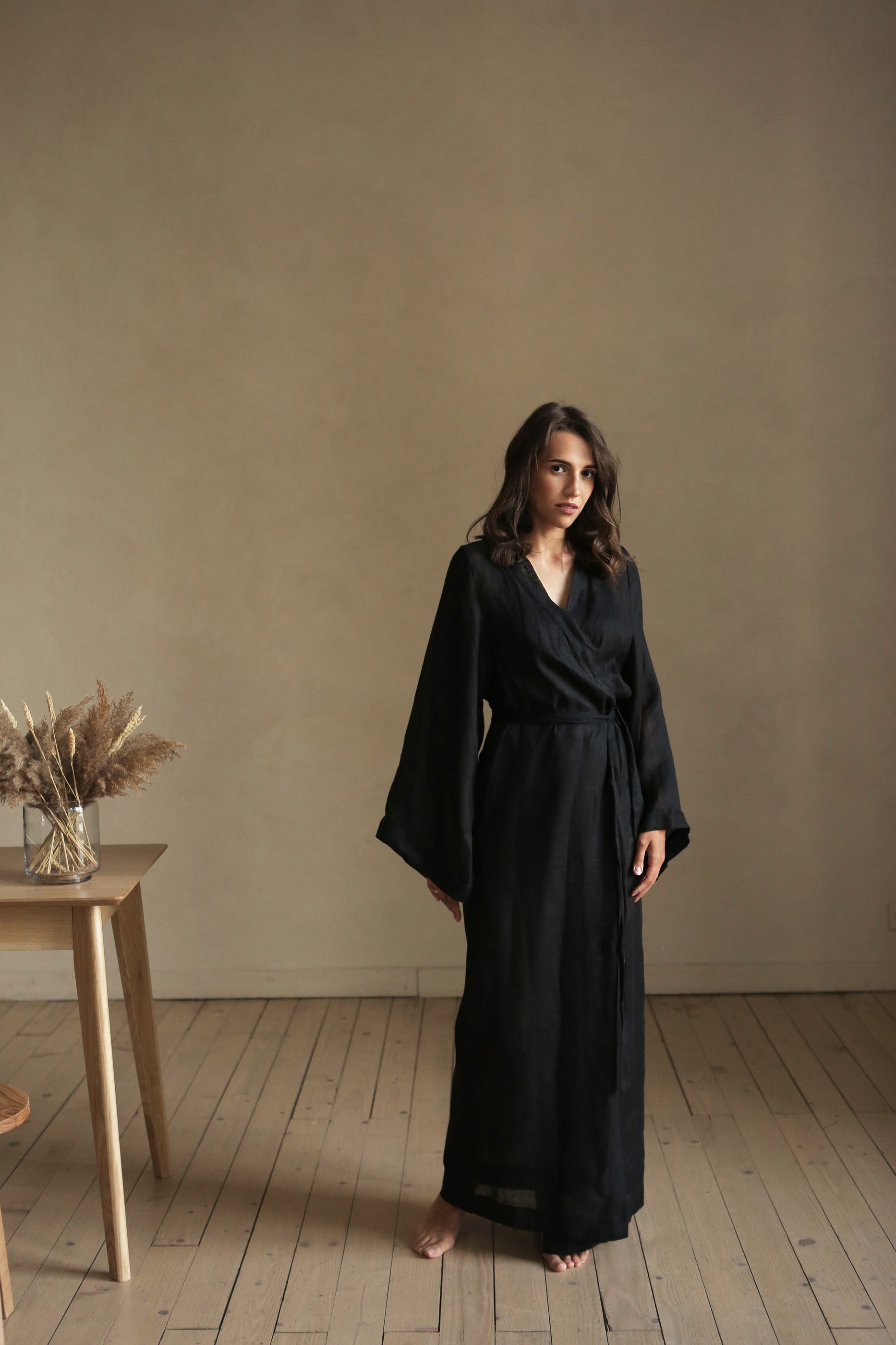 Women’s Long Linen Kimono KAYA in Transparent Black