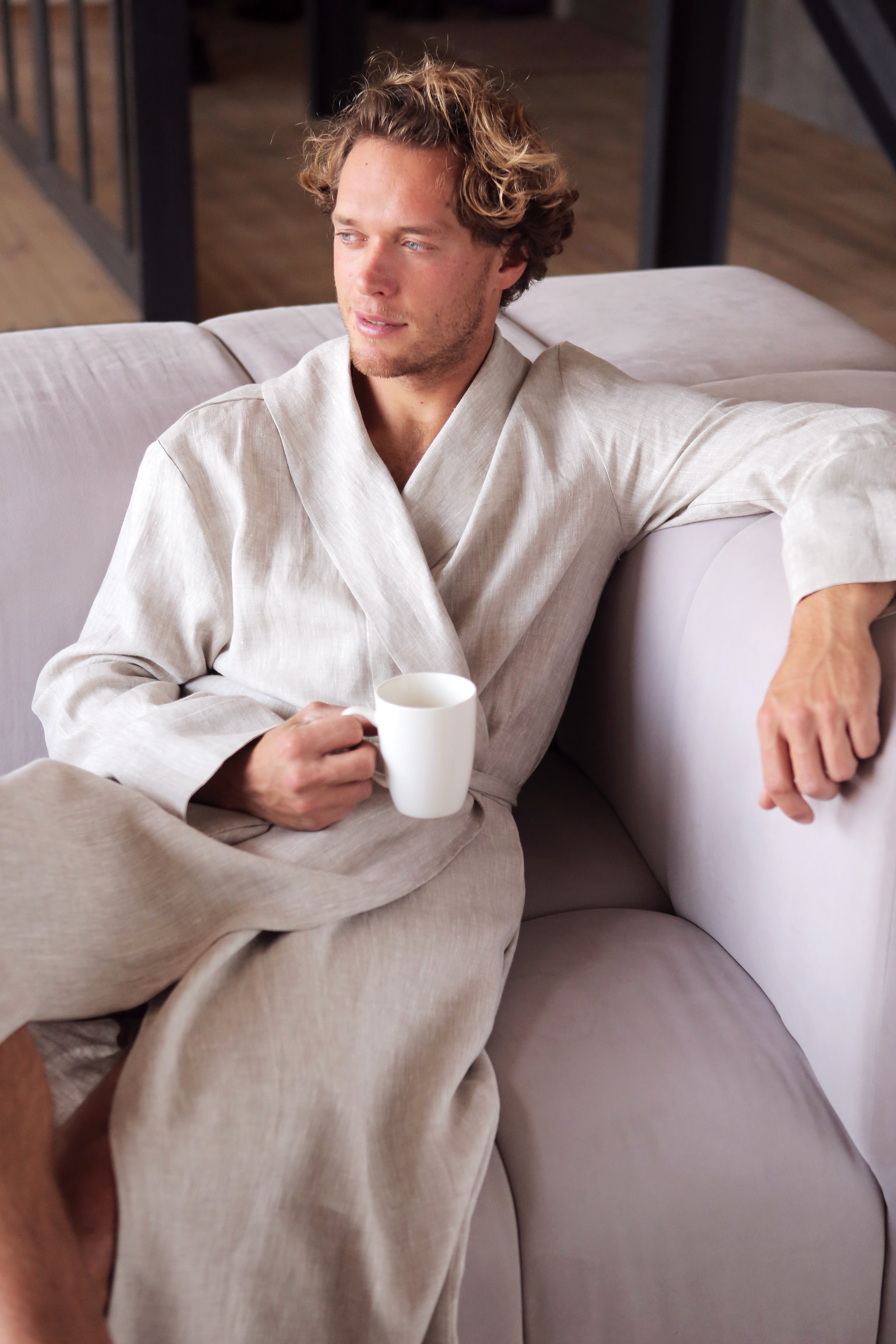Men’s linen bathrobe JUNIPER LONG in Beige