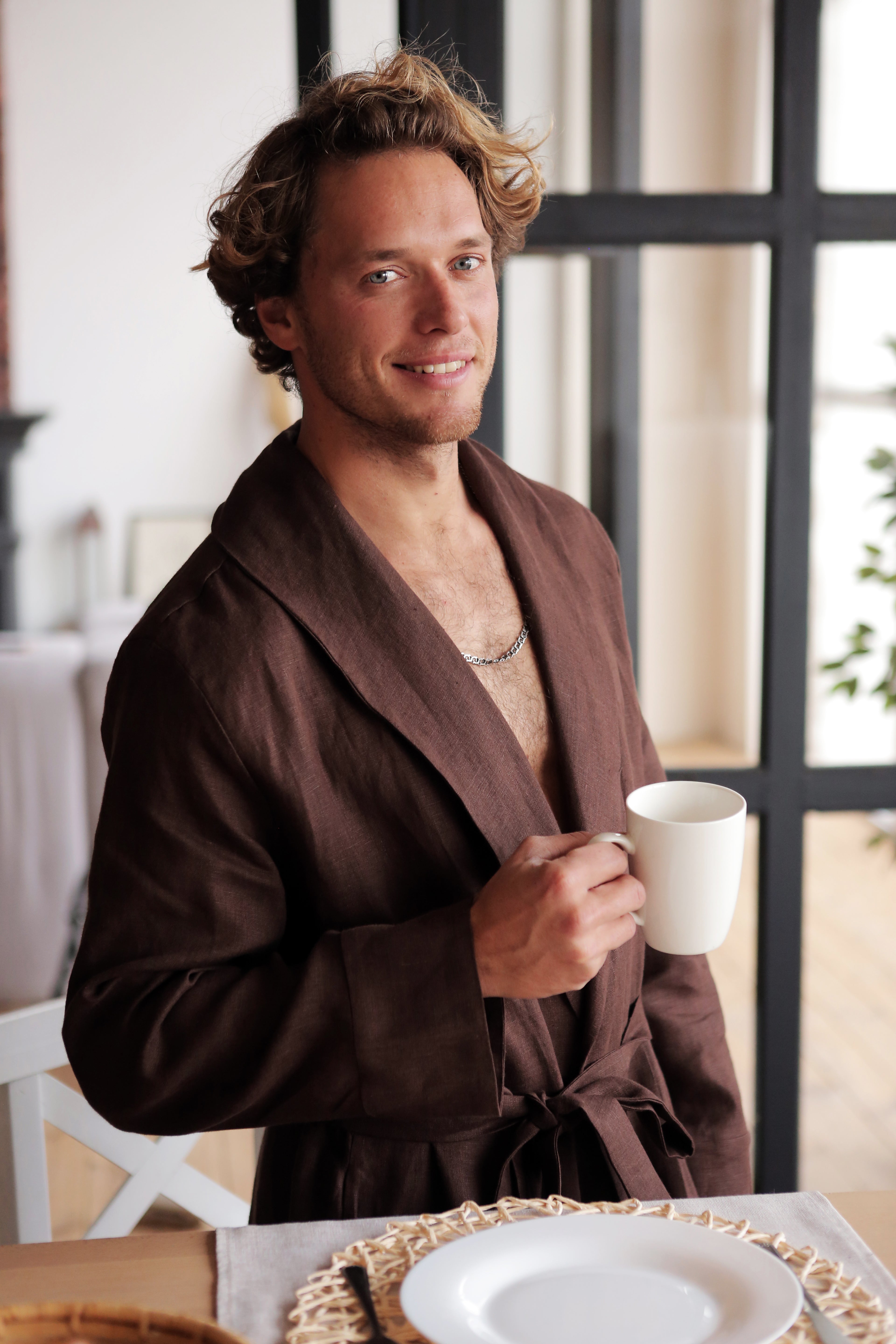 Men’s linen bathrobe JUNIPER LONG in Brown