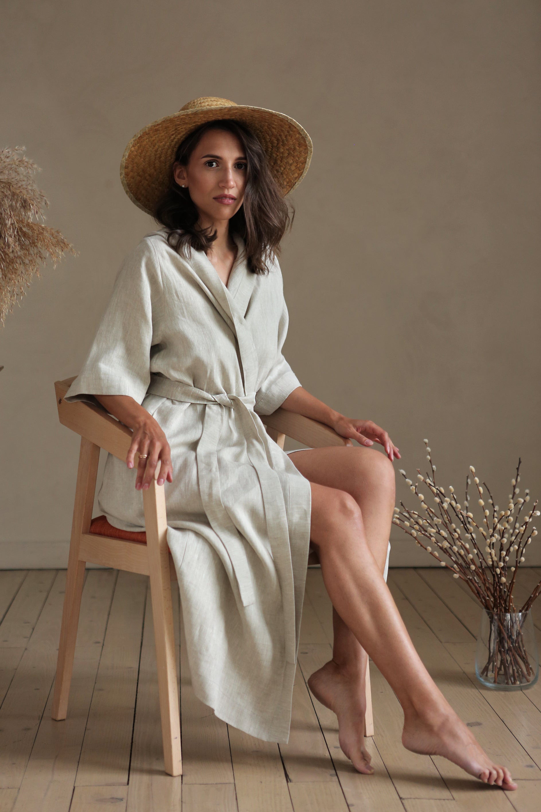 Women’s Long Linen Kimono MIMOSA in Beige