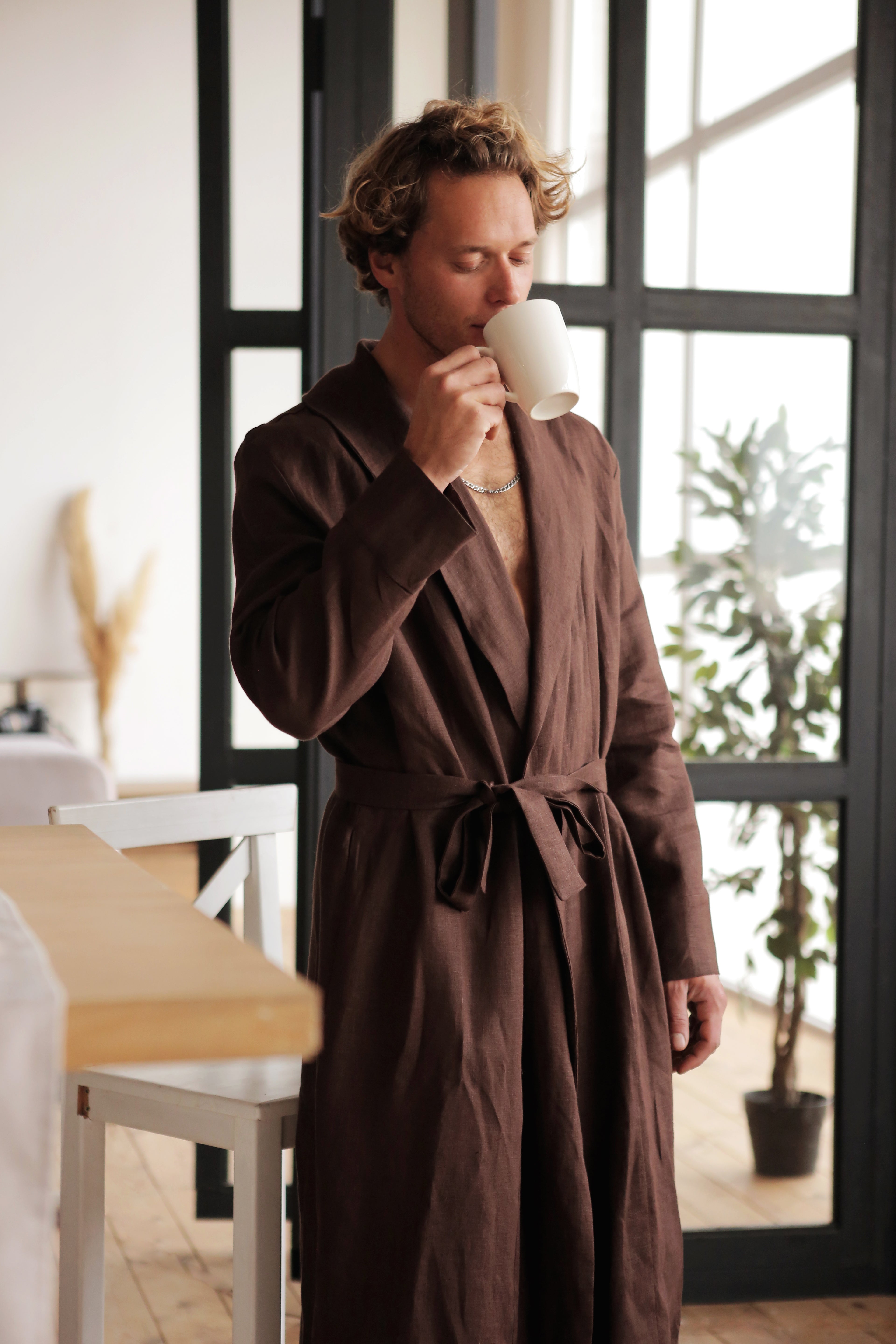 Men’s linen bathrobe JUNIPER LONG in Brown