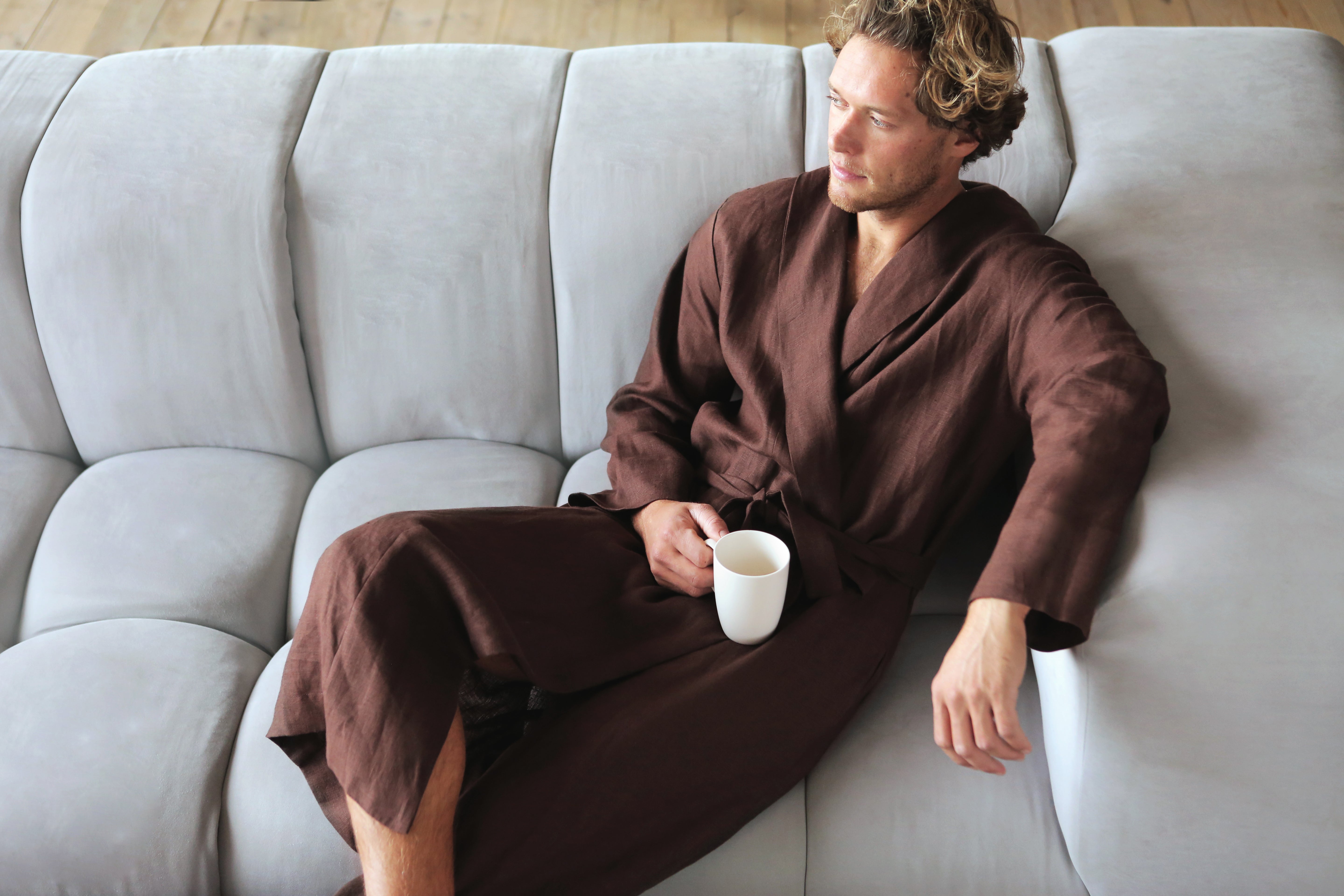 Men’s linen bathrobe JUNIPER LONG in Brown