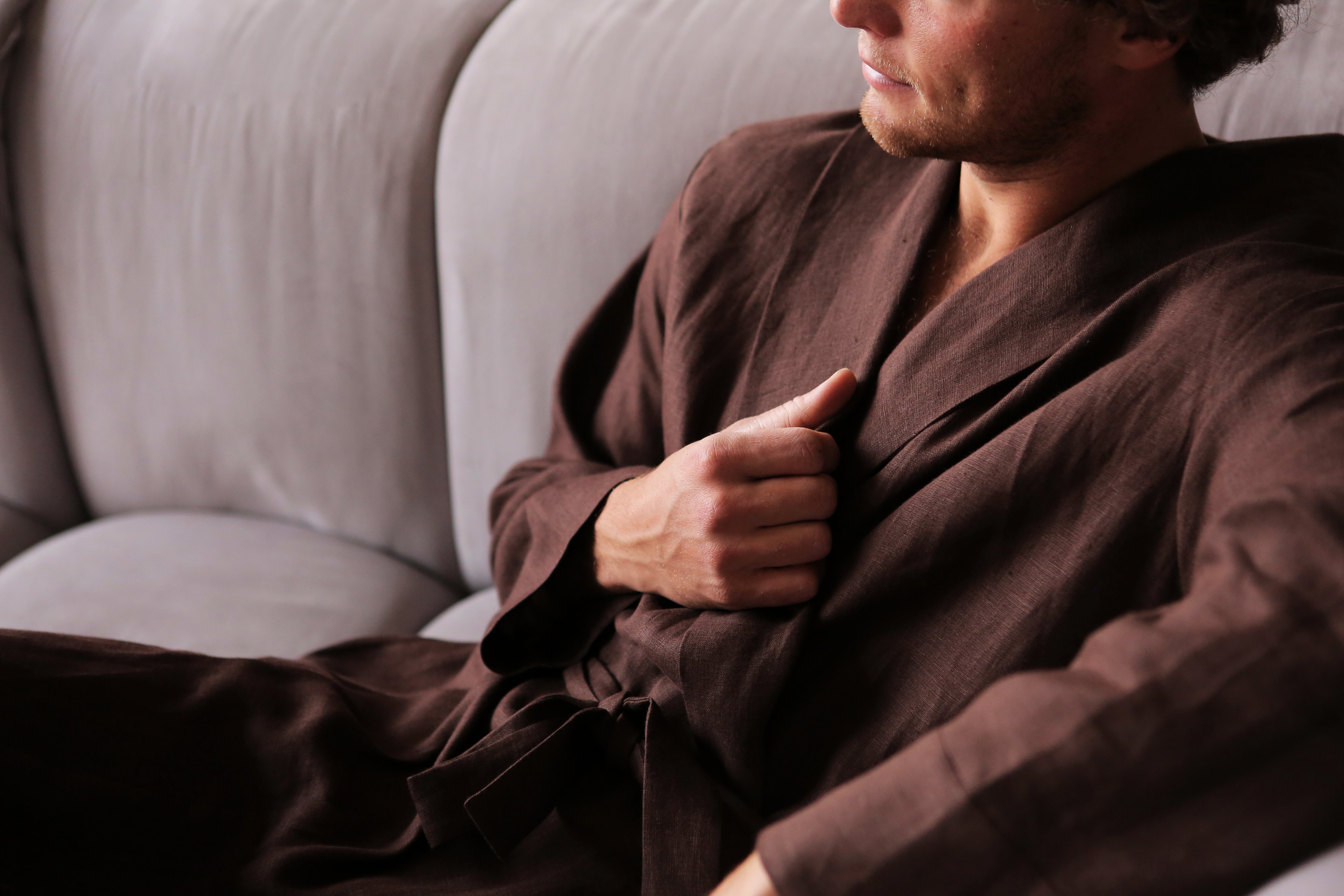 Men’s linen bathrobe JUNIPER LONG in Brown