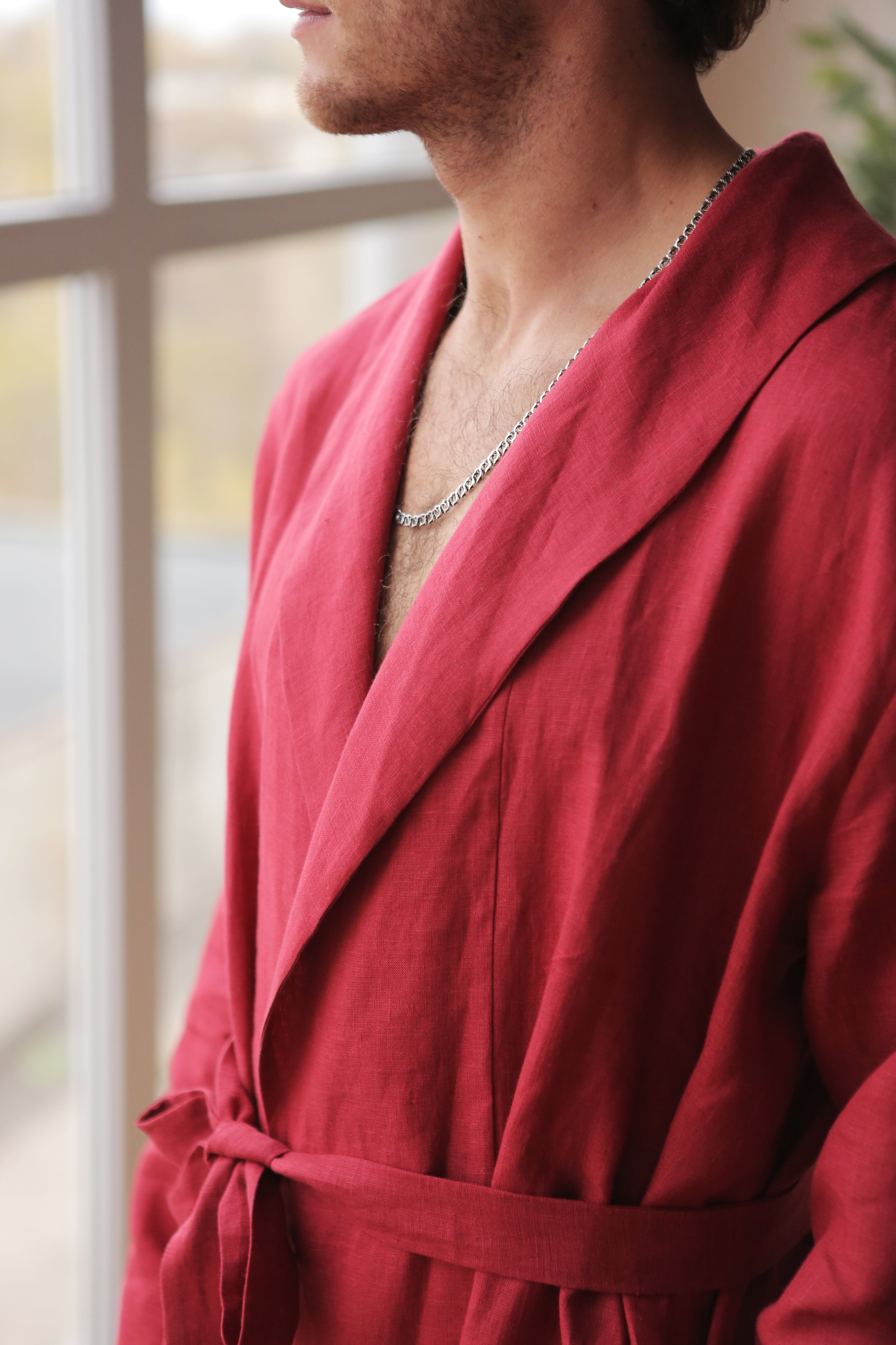 Men’s linen bathrobe JUNIPER LONG in Red