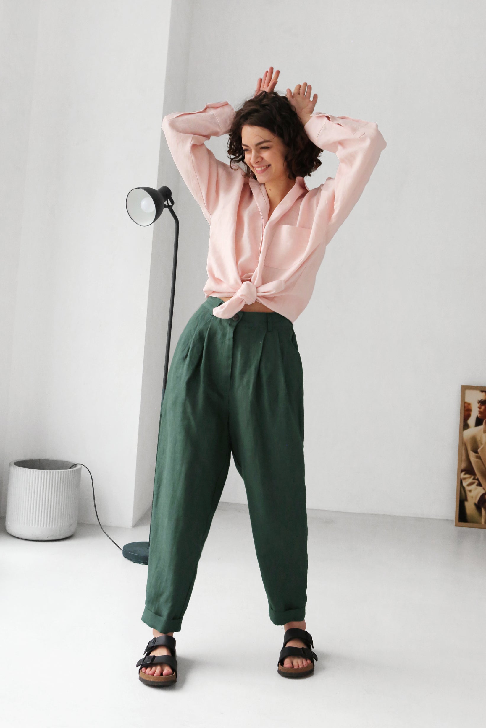 Women’s Linen Pants with Pleats CEDAR in Green