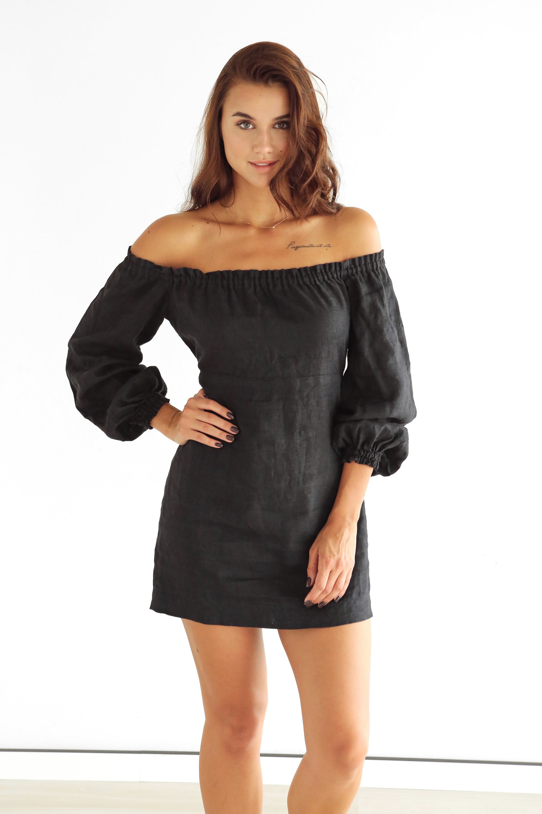 Open Shoulders Linen Dress NOYA in Black