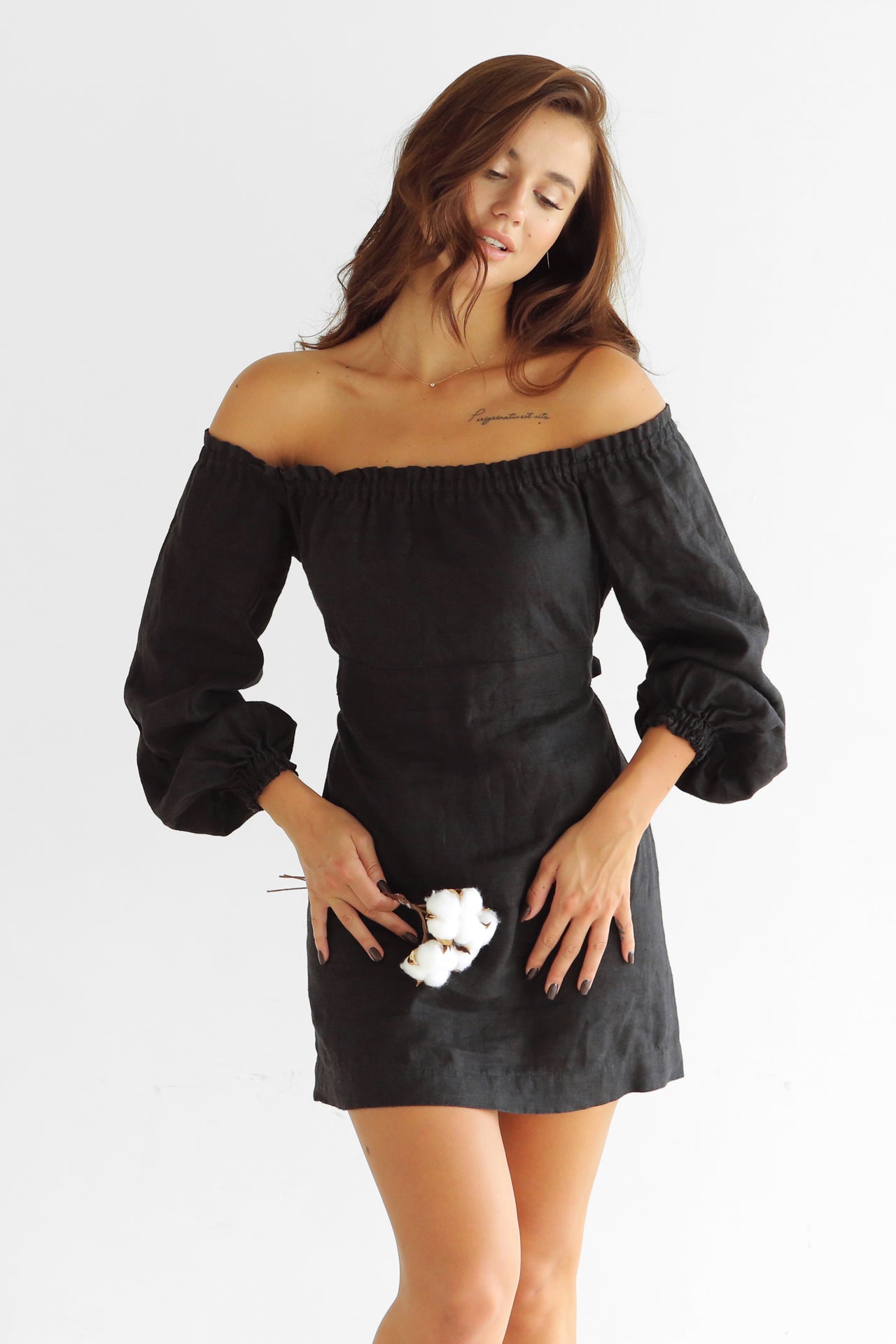 Open Shoulders Linen Dress NOYA in Black