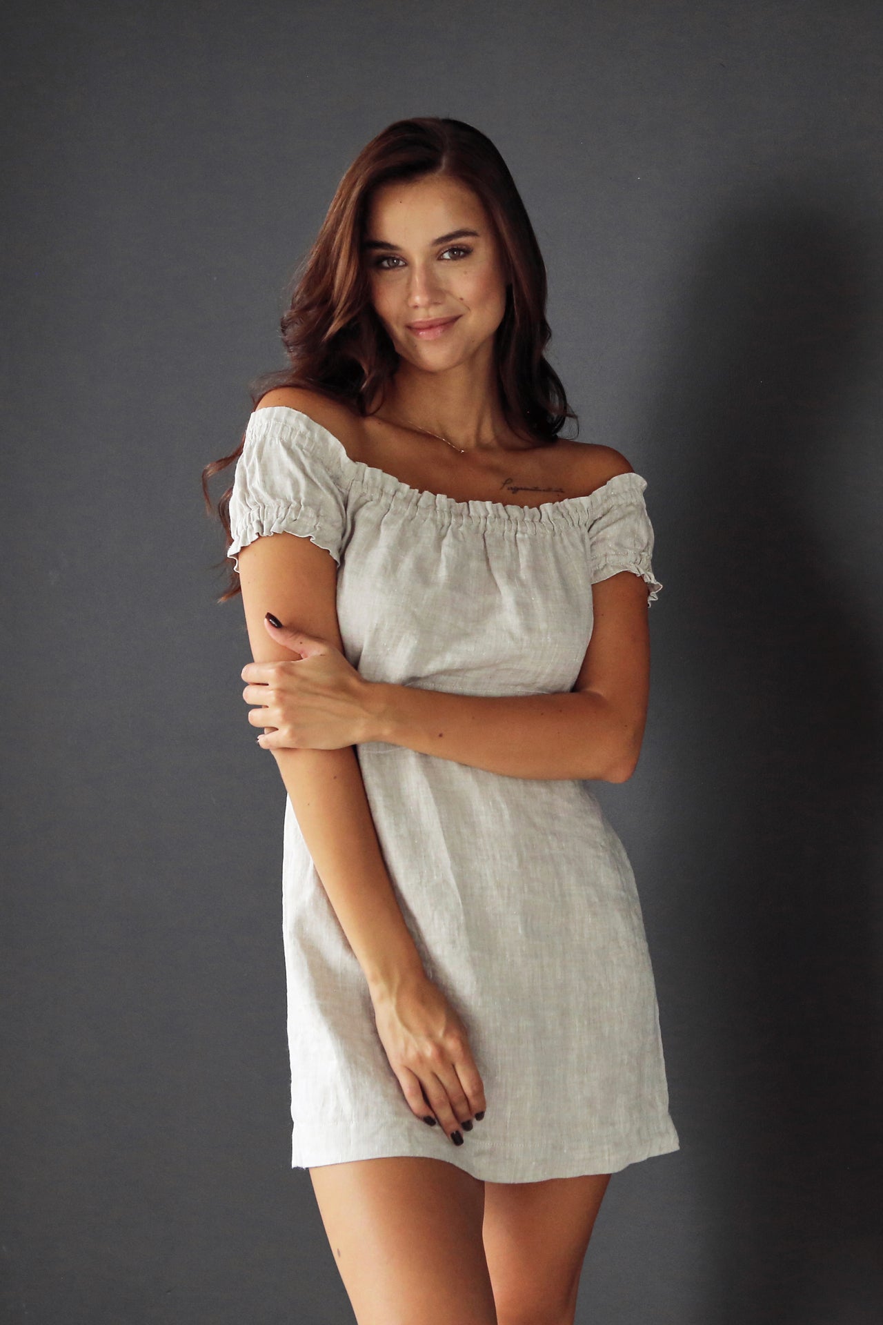 Open Shoulders Linen Dress VINE in Beige