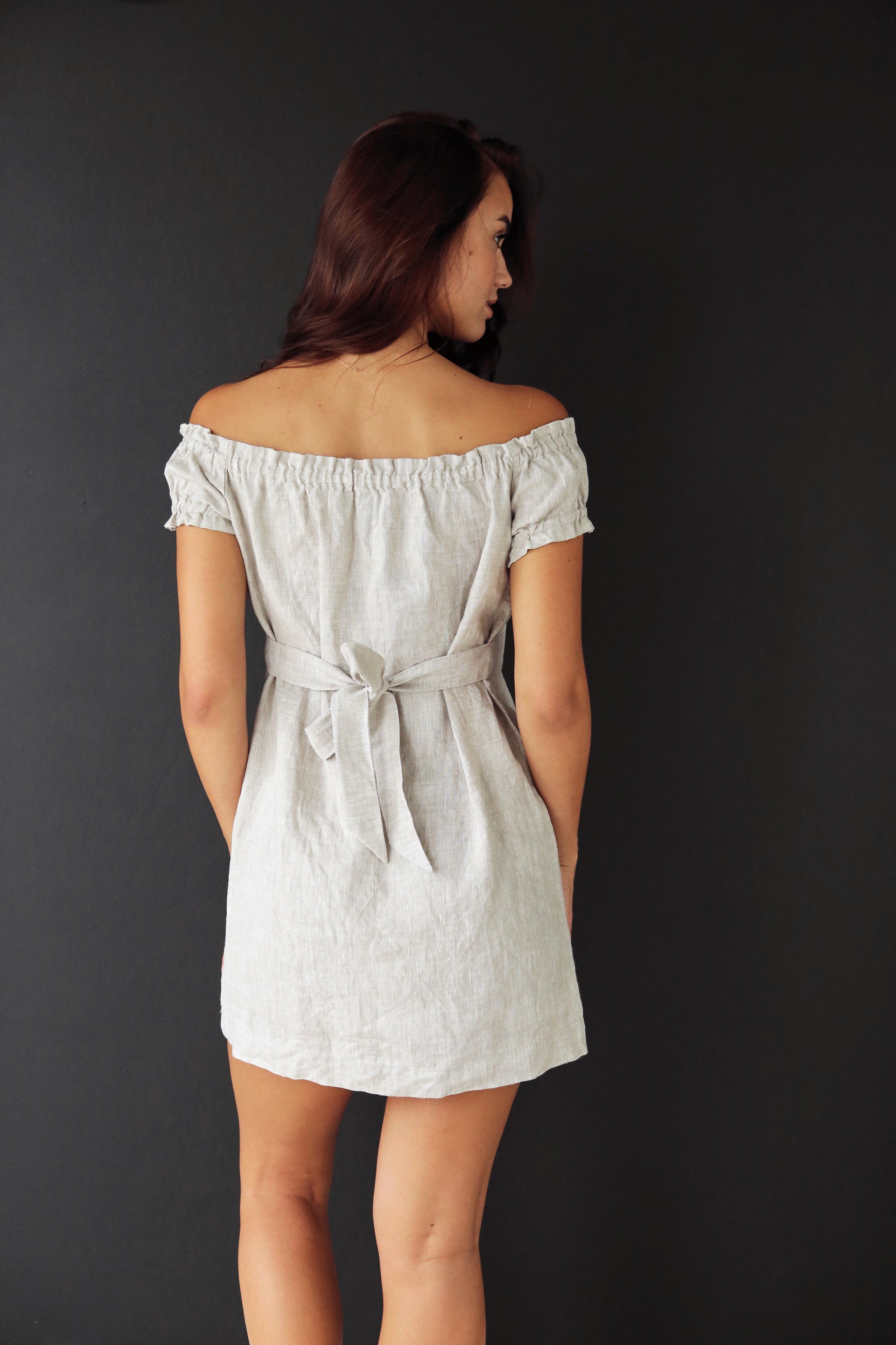 Open Shoulders Linen Dress VINE in Beige