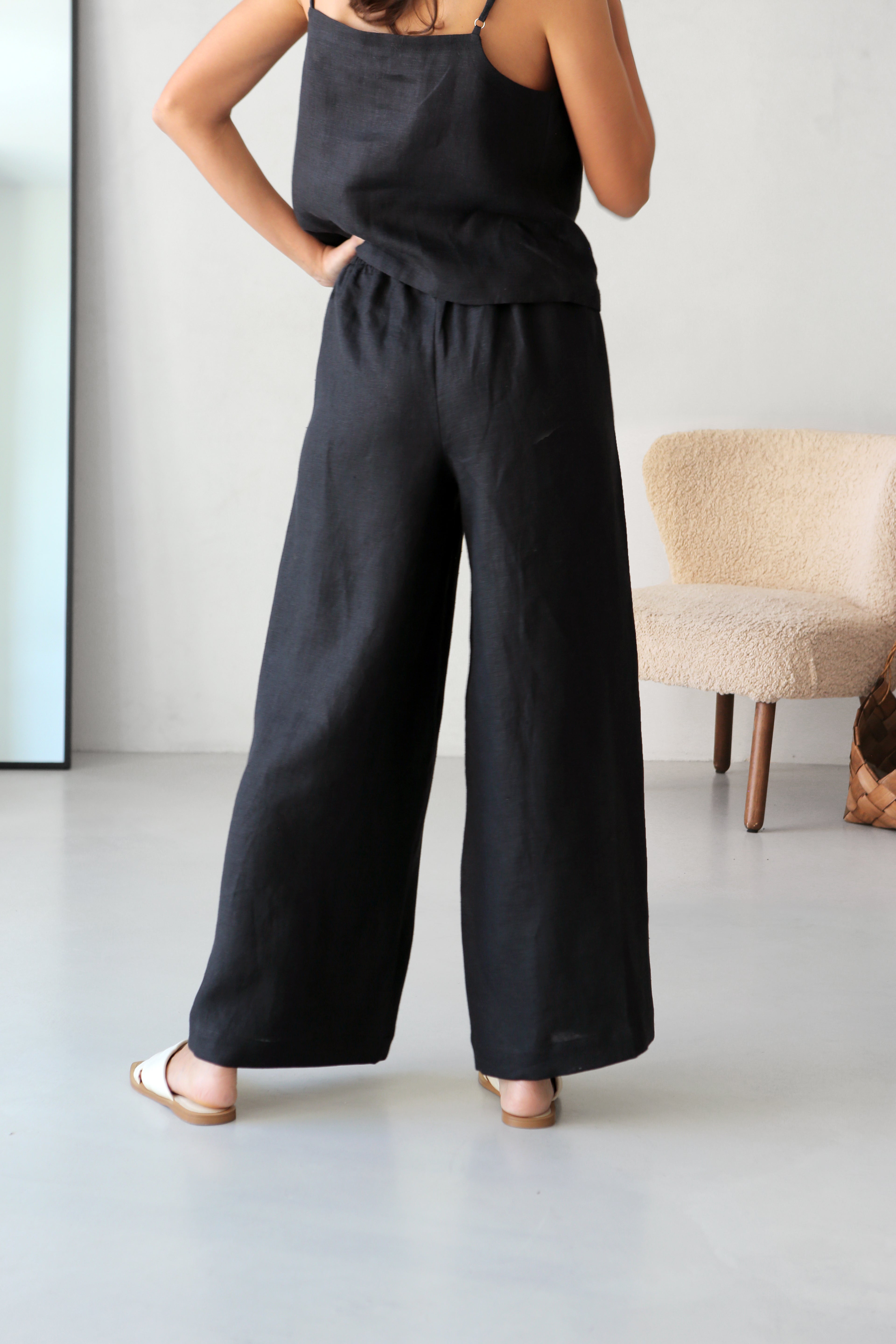 Wide-Leg Linen Pants Black