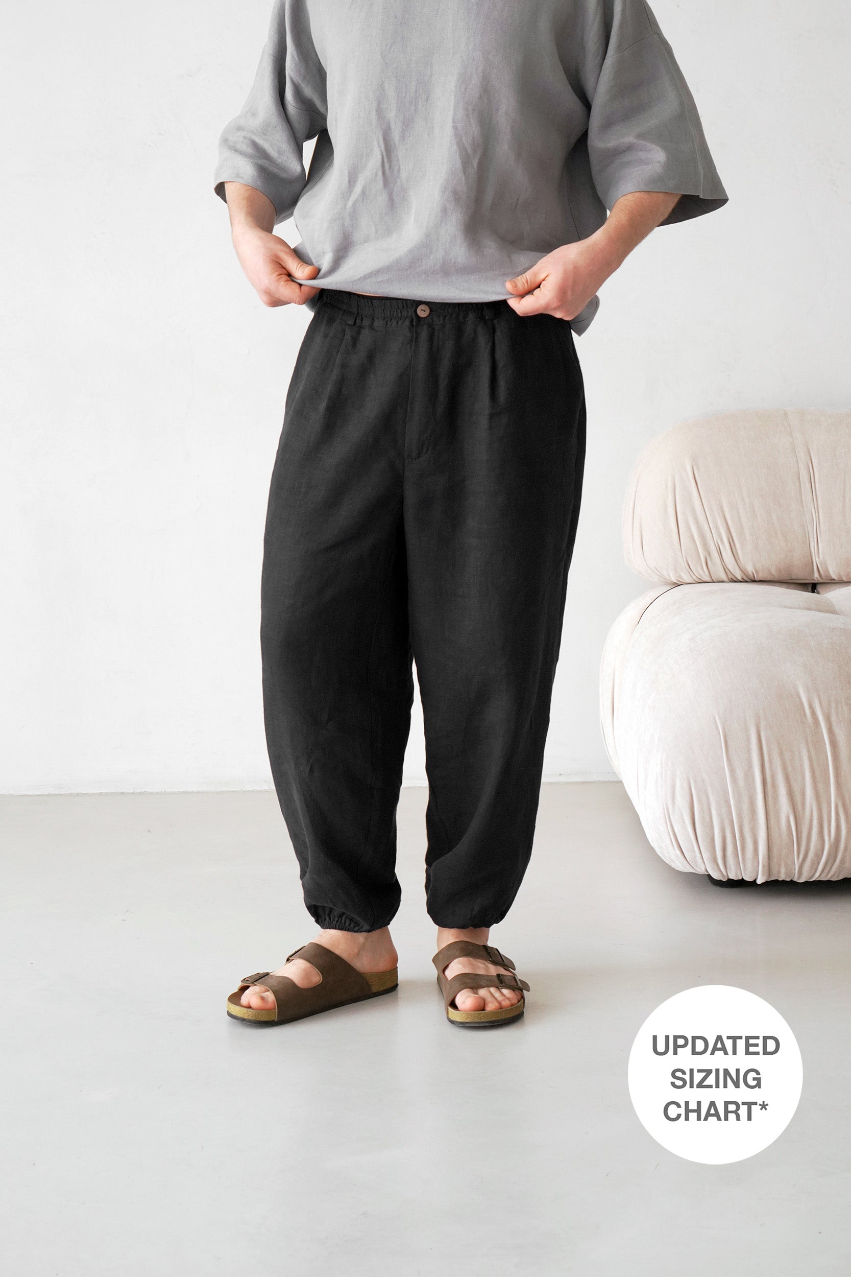 Men’s Pleated Linen Pants with Elastic Cuffs OLMO in Black