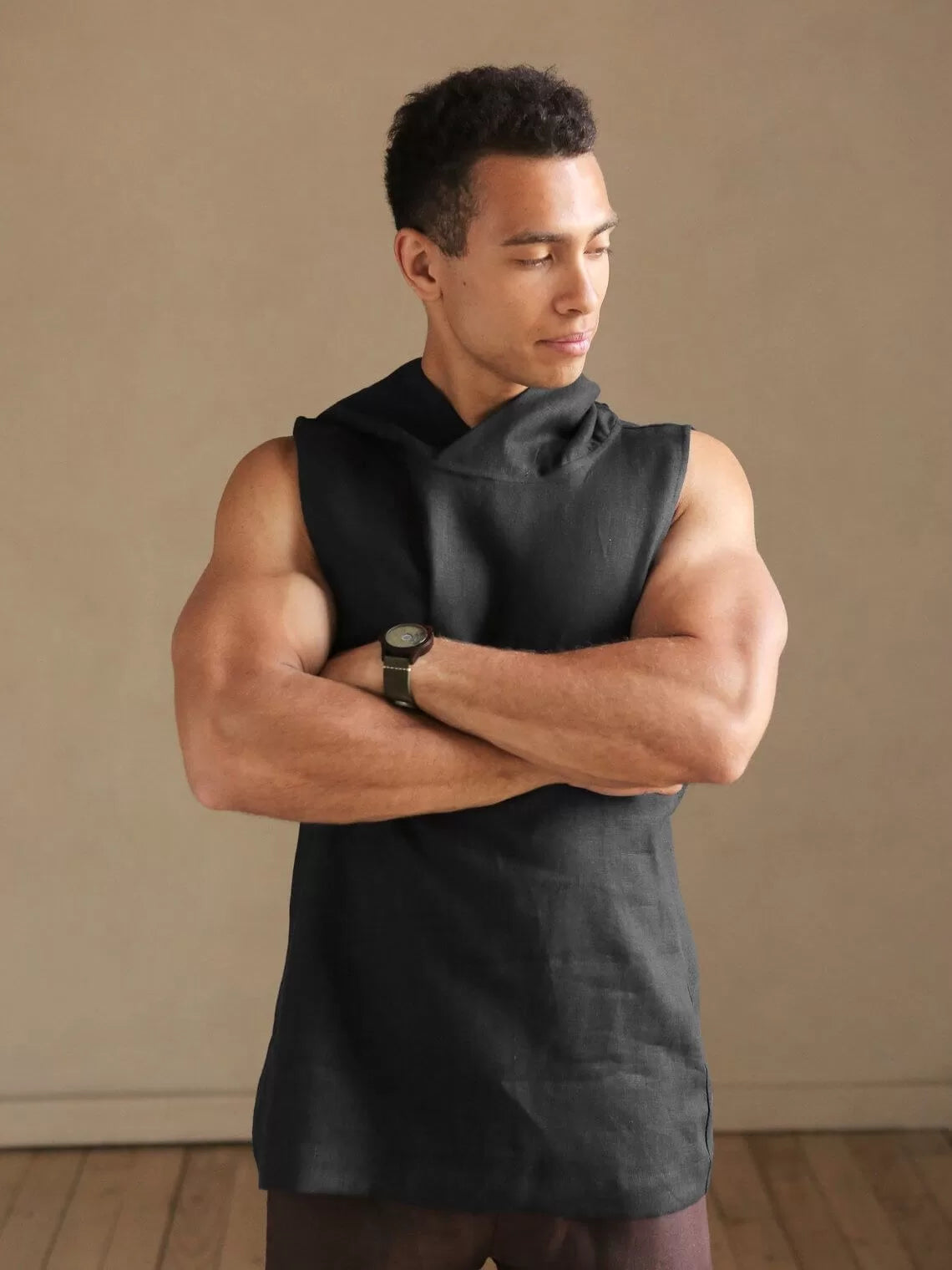 Men’s Sleeveless T-Shirt BAMBOO with hood in Black