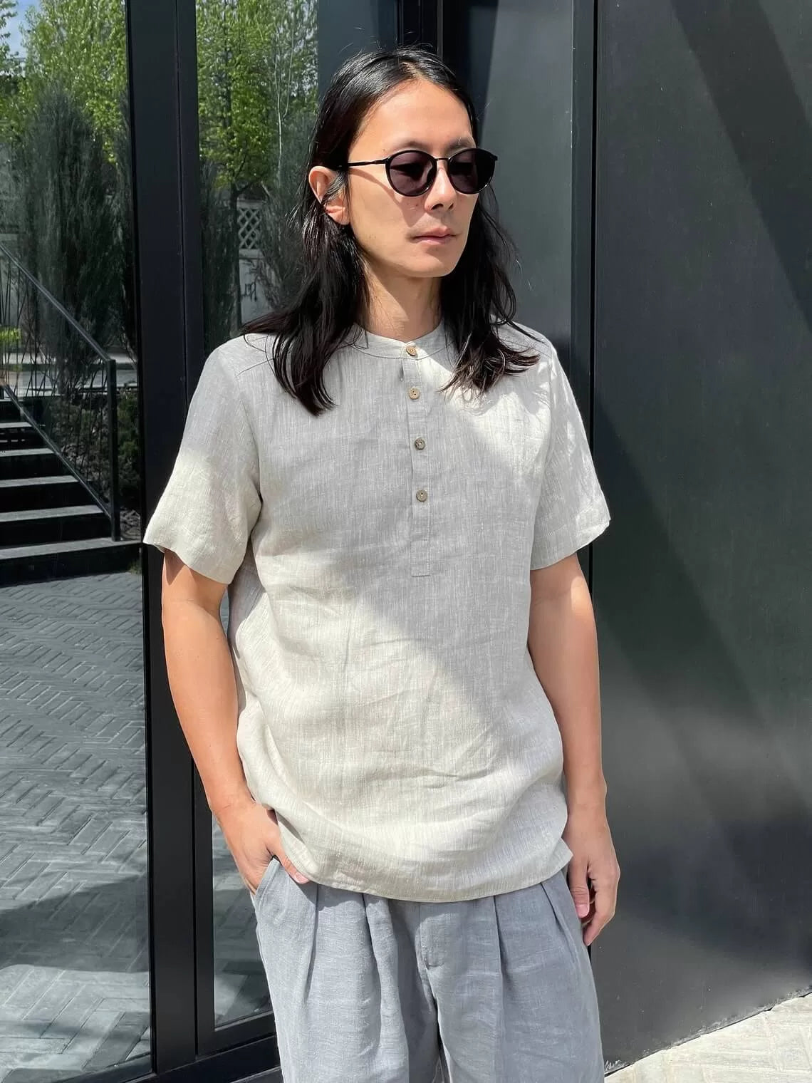 Henley Linen Shirt OLIVE in Beige