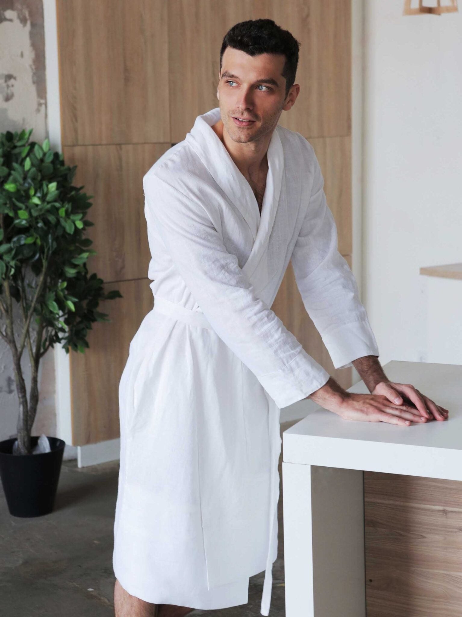 Men’s linen bathrobe JUNIPER in White