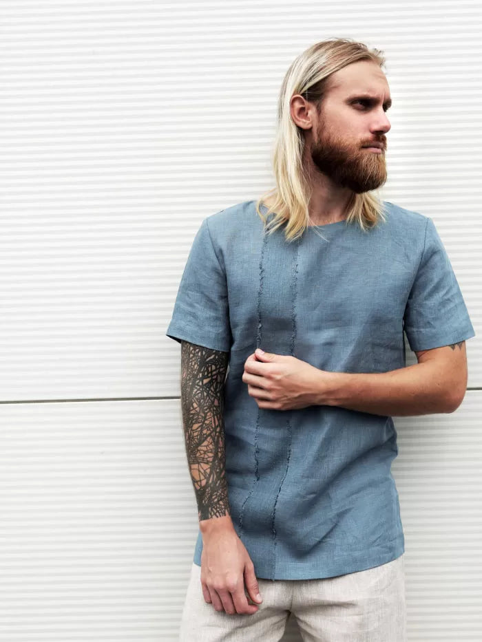 Designer Men’s Linen T-Shirt LINDEN in Blue grey