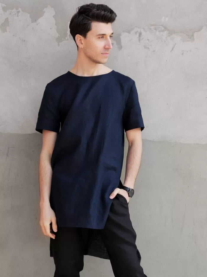 Men’s Long Linen T-Shirt LINDEN in Dark blue