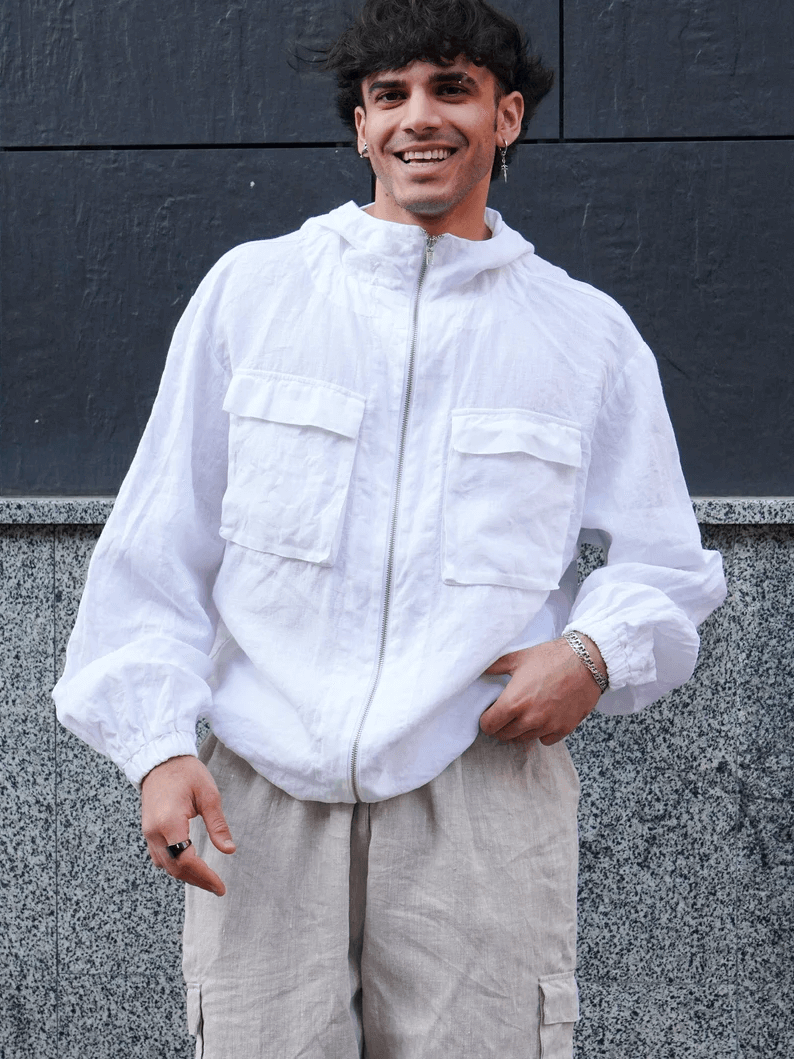 Men’s Linen Oversized Hooded Jacket White