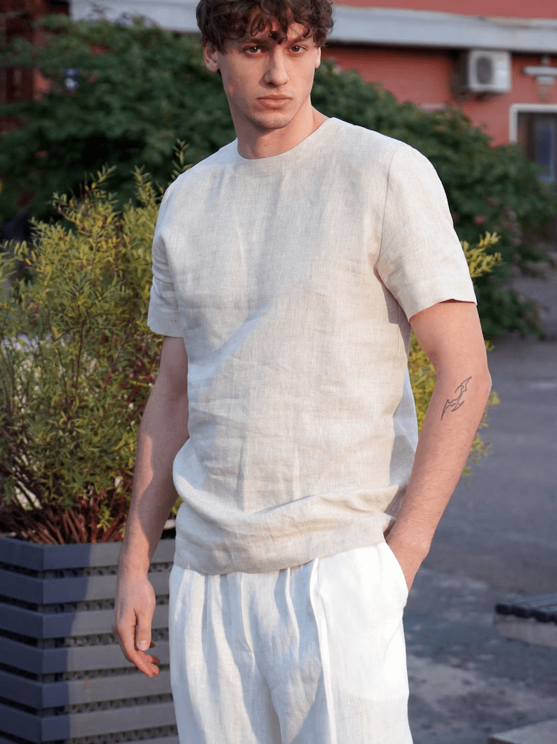 Mens linen t-shirt, Narrow neck IVY in Beige