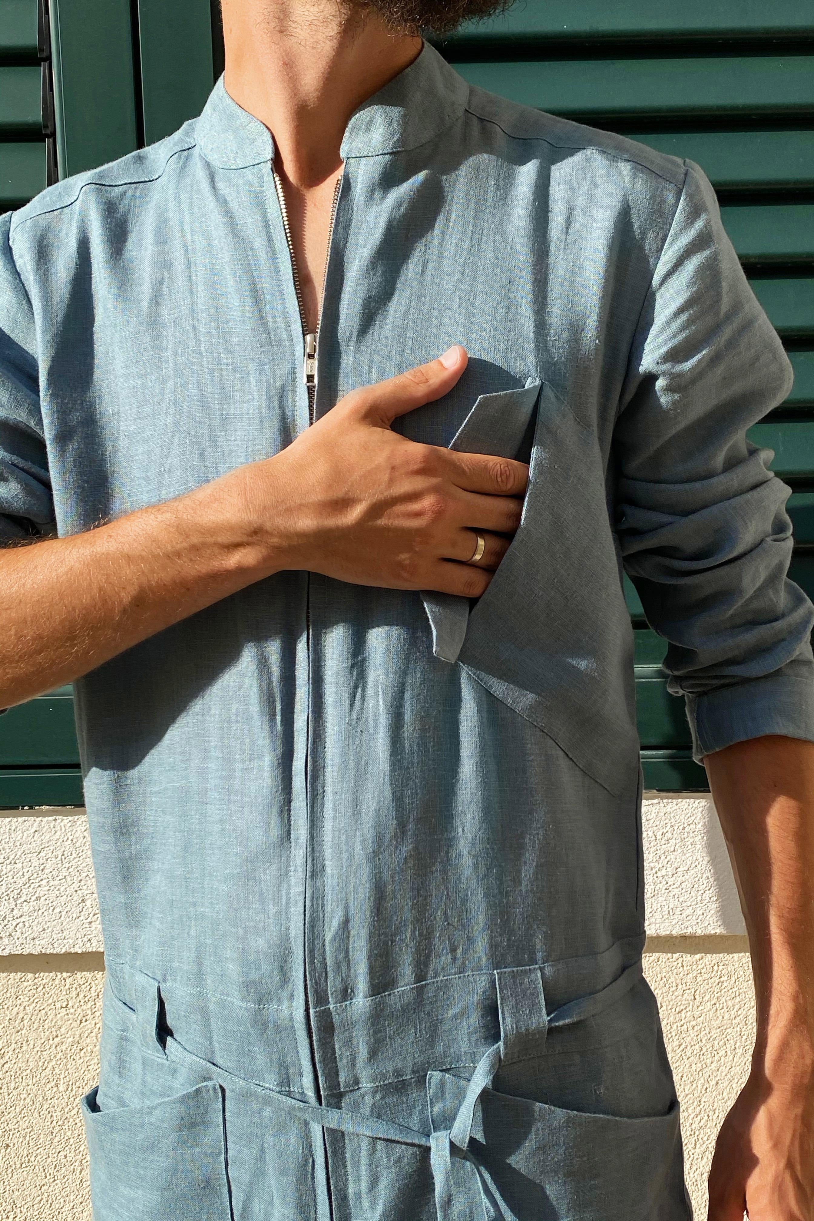 Mens Linen Jumpsuit PALO SANTO in Blue grey