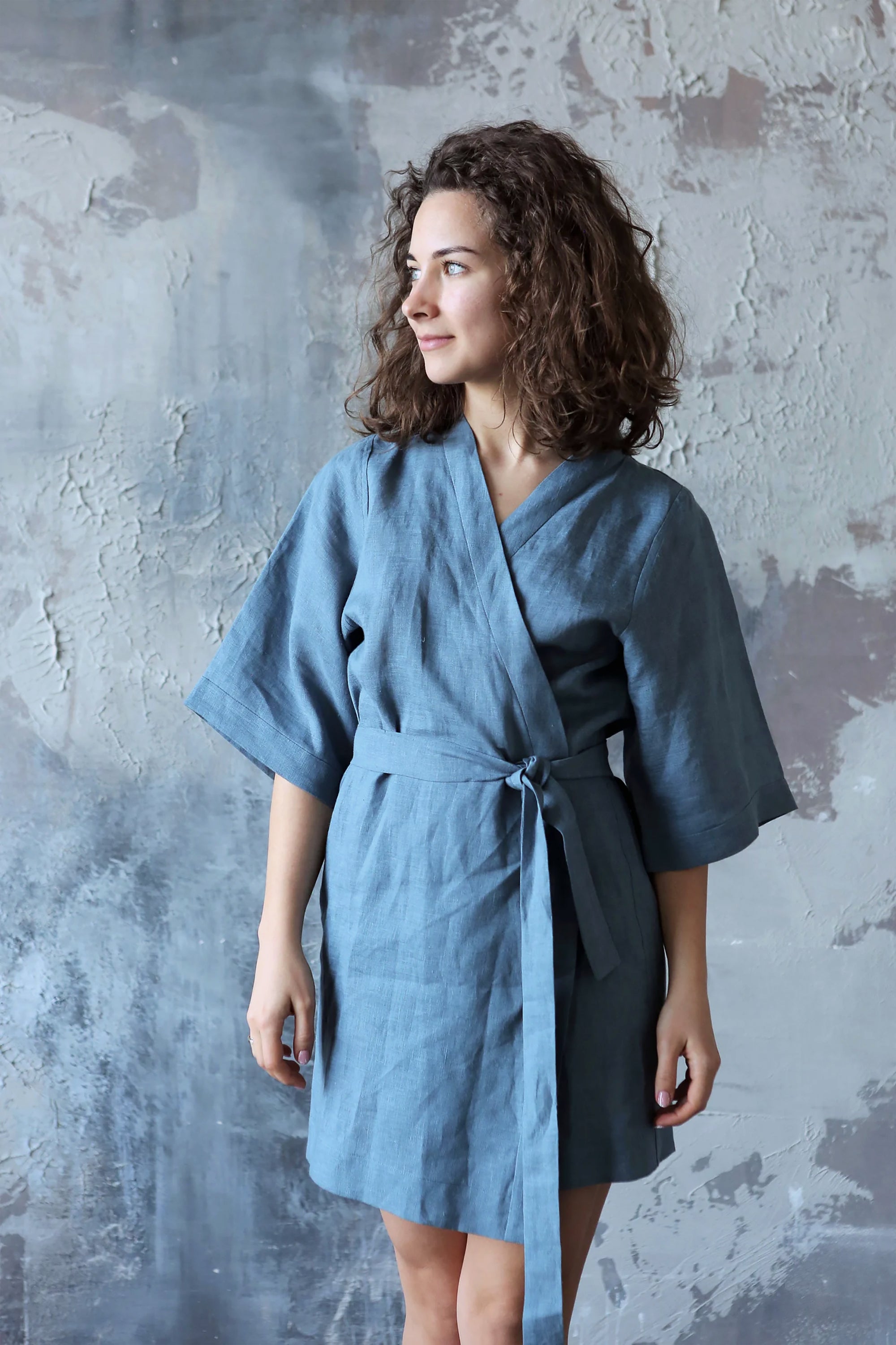 Women’s Short Linen Kimono UME in Blue grey