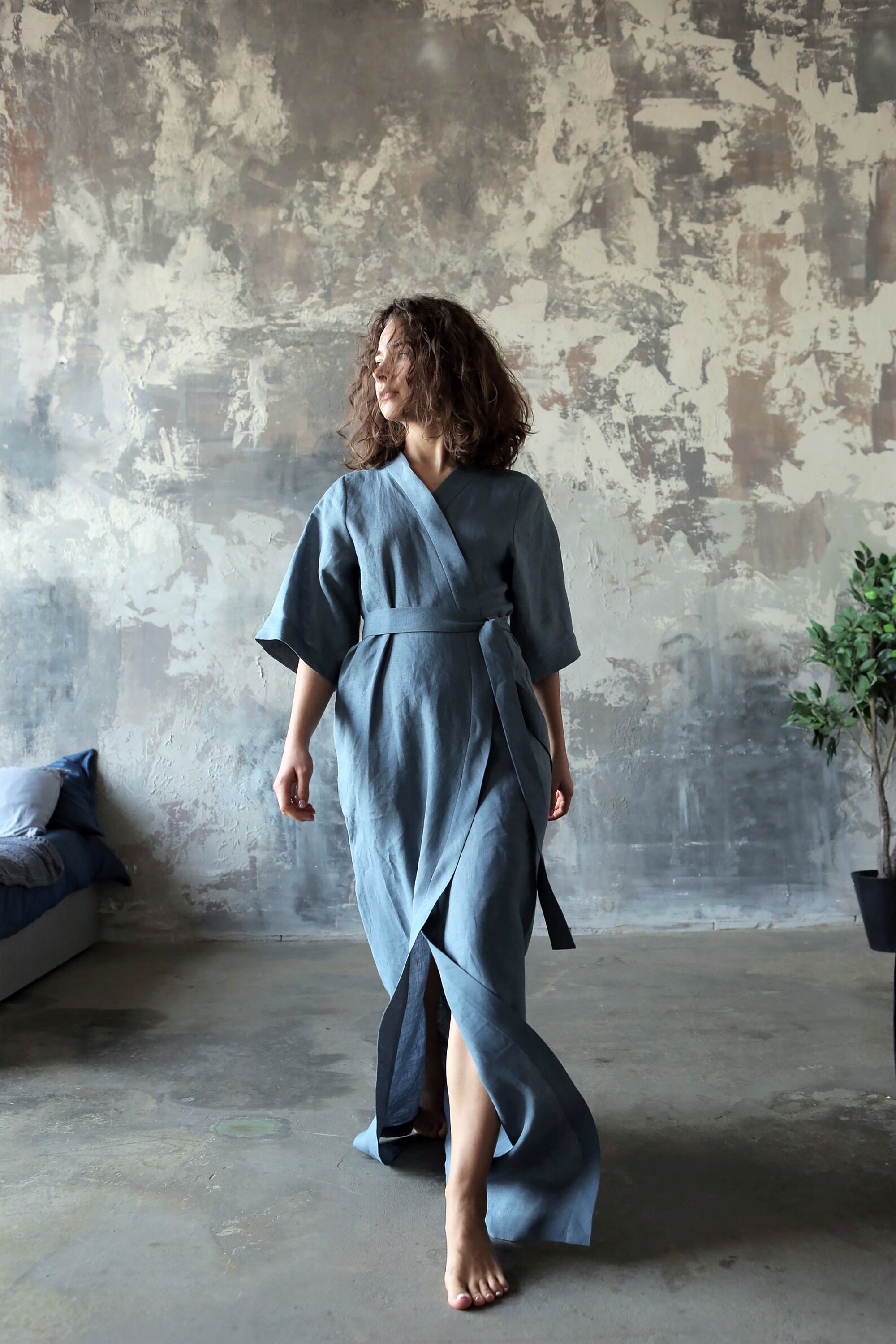 Women’s Long Linen Kimono UME in Blue grey