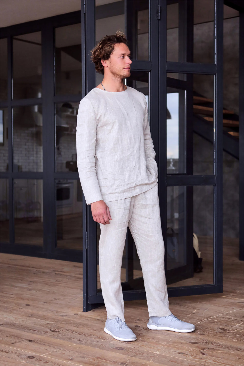 Long Sleeve Linen T-Shirt BIRCH in Beige