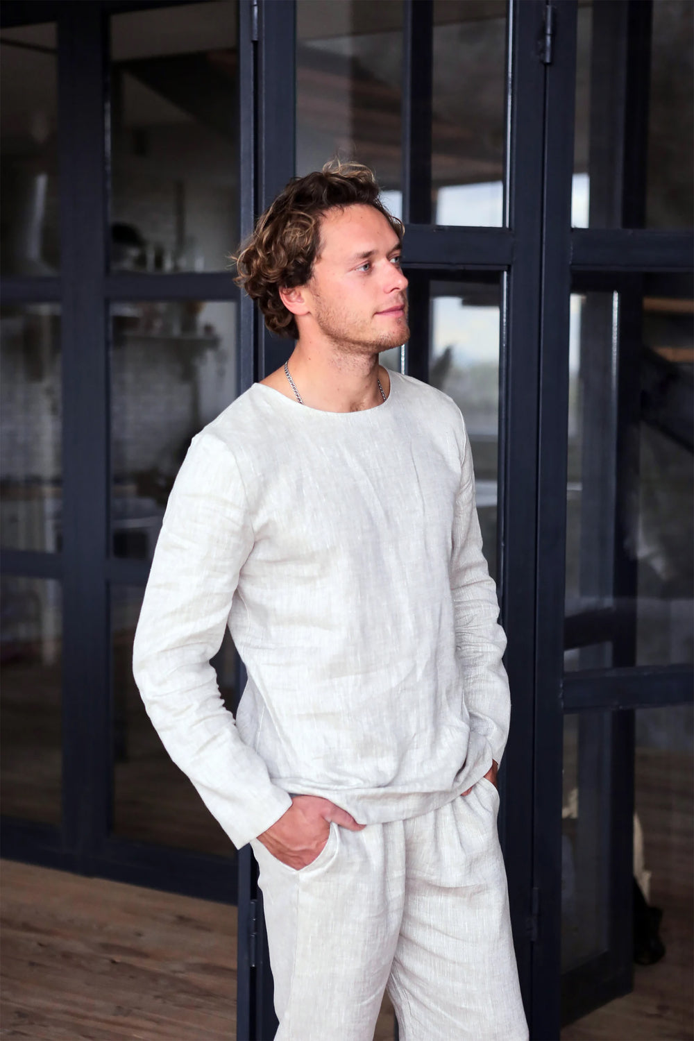 Long Sleeve Linen T-Shirt BIRCH in Beige