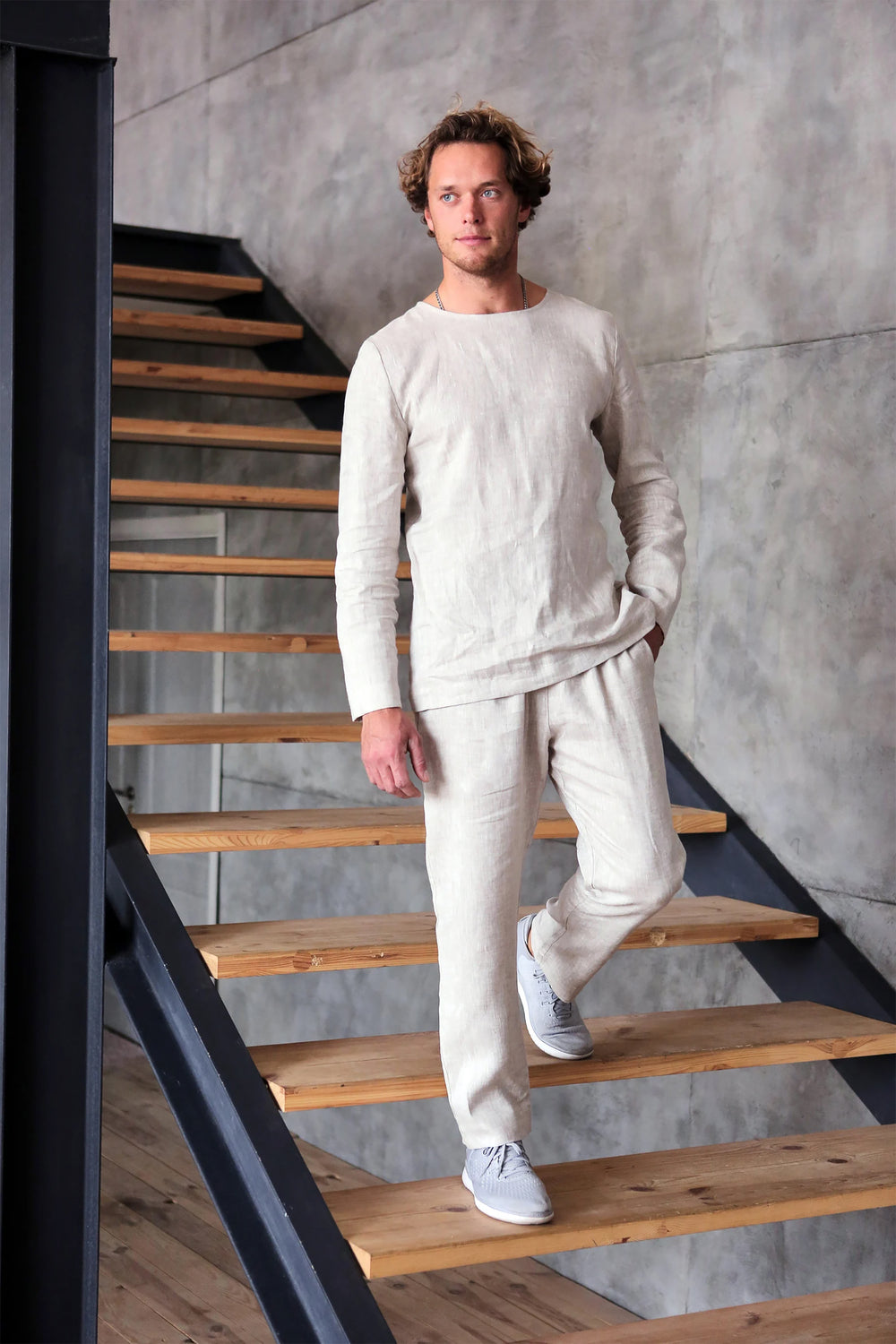 Long Sleeve Linen T-Shirt BIRCH in Beige