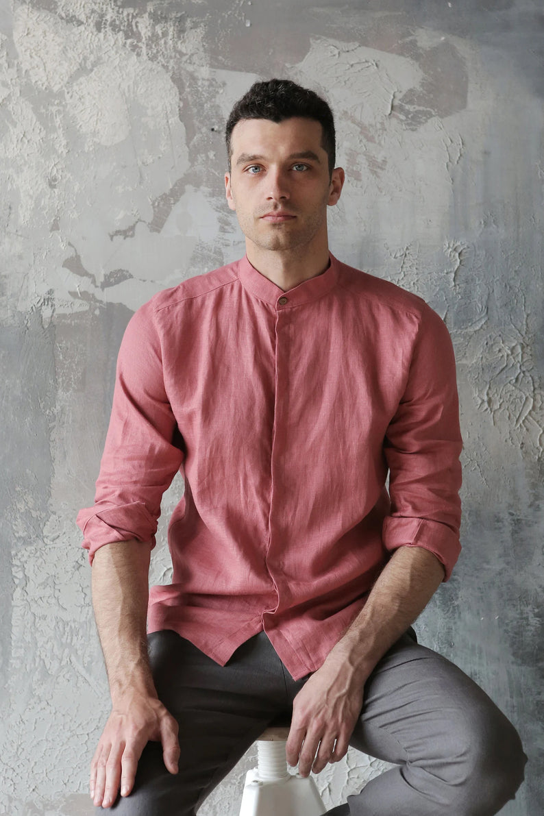 dress linen shirt men Men's Linen Shirt OLIVE in Peach