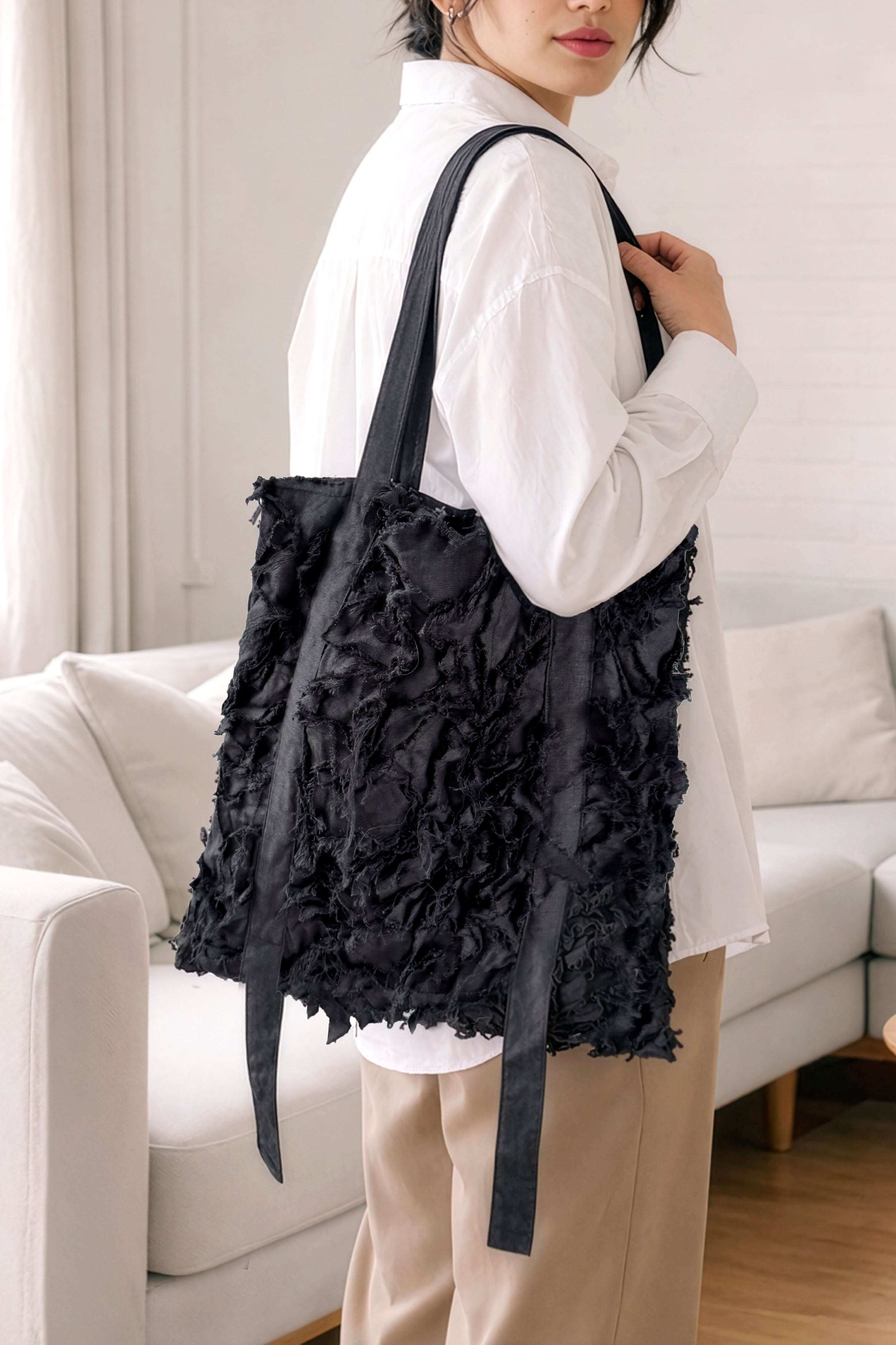 Linen Patchwork Tote Bag ENNIA in Black