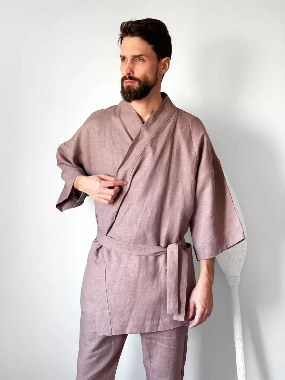 Men’s linen kimono SUGI in Latte