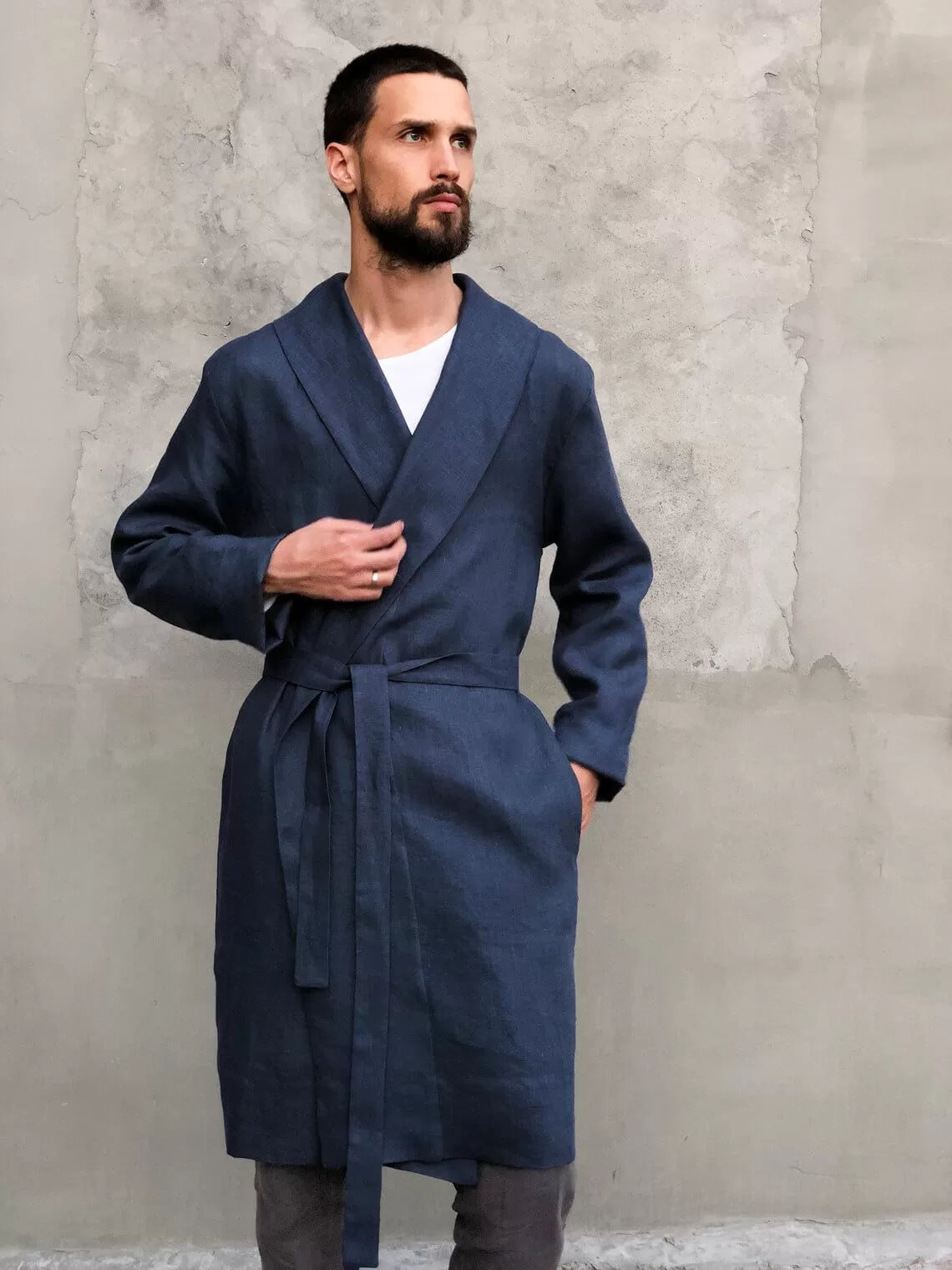Men’s linen robe JUNIPER in Dark blue