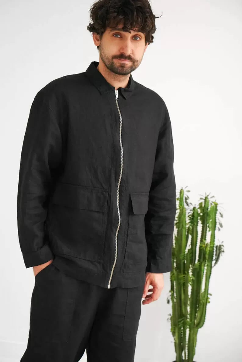 Men’s Linen Bomber Jacket BERGAMOT in Black