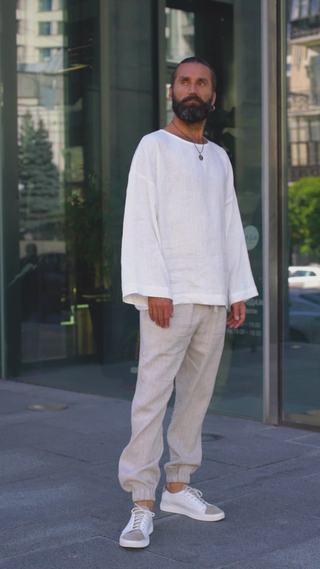Men's oversized linen sweatshirt with wide sleeves ACACIA in Cream