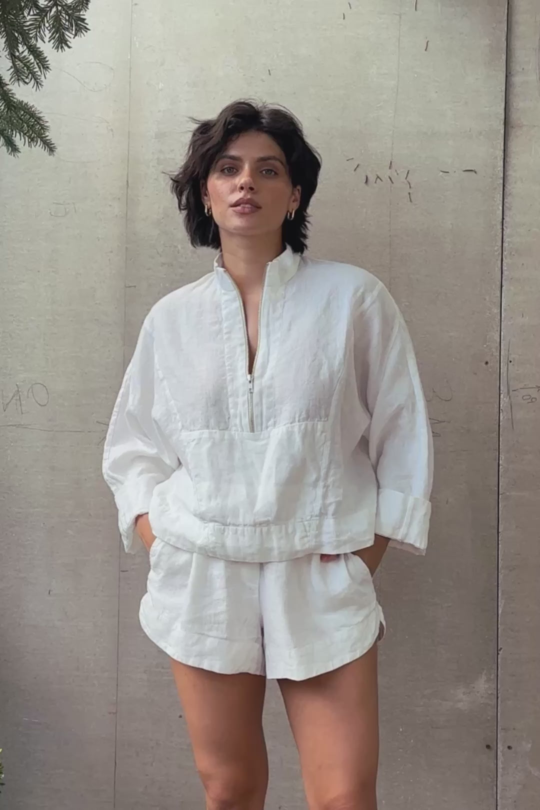 Women's Linen Zip Pullover Top TULIP in White