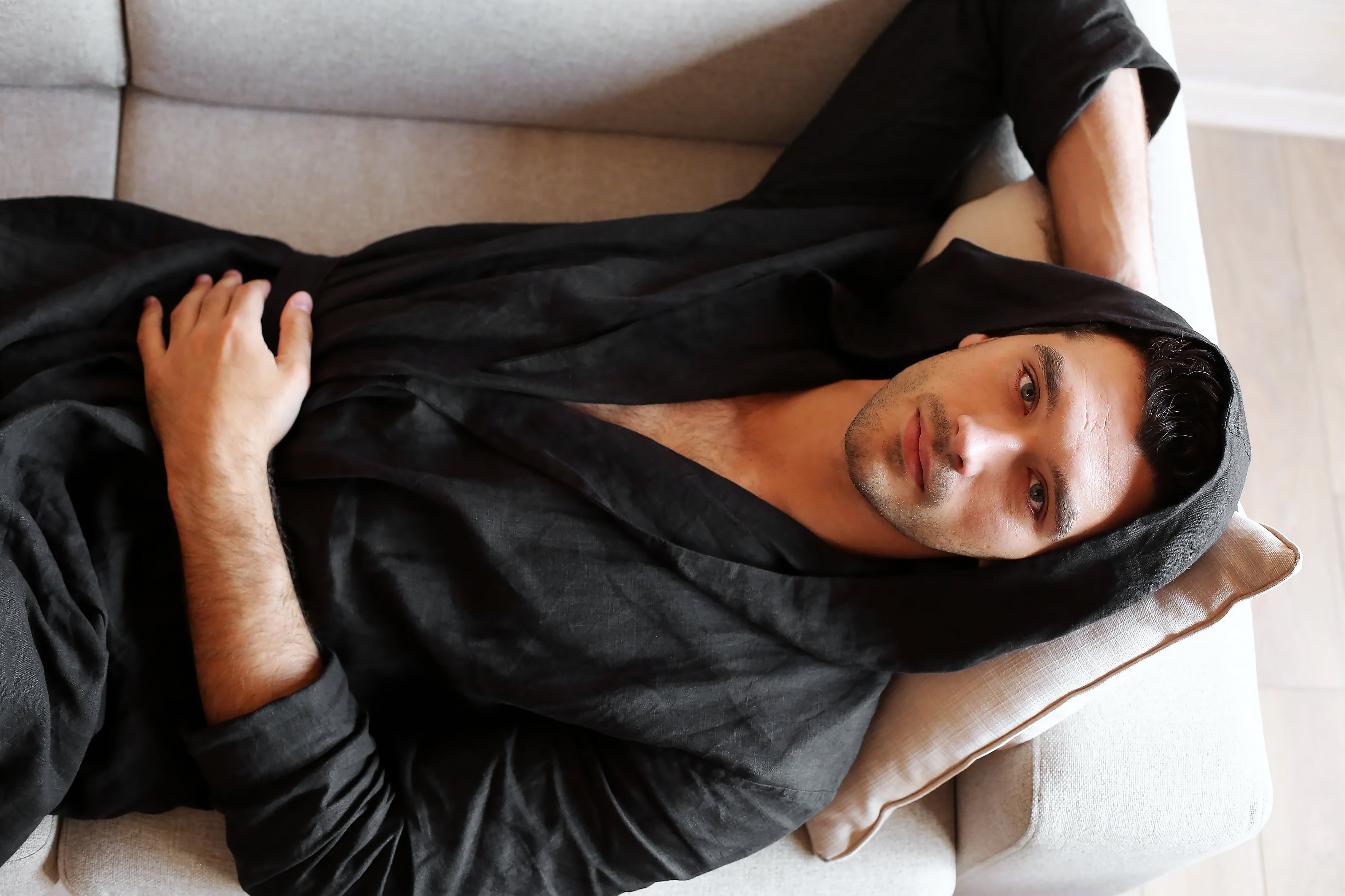 Men’s linen bathrobe with a hood EVERGREEN in Black