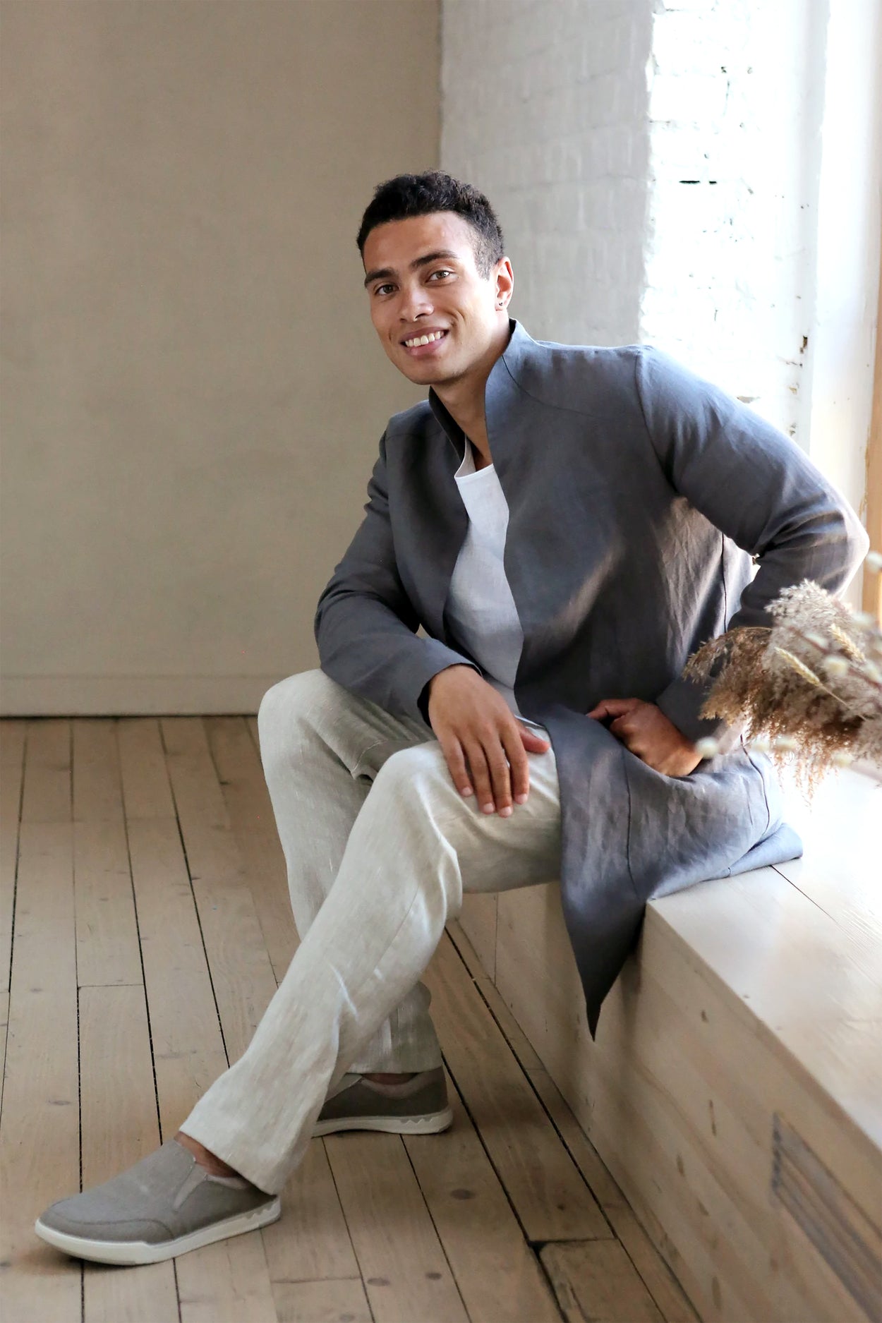 Men’s Linen Trench ALMOND in Dark grey