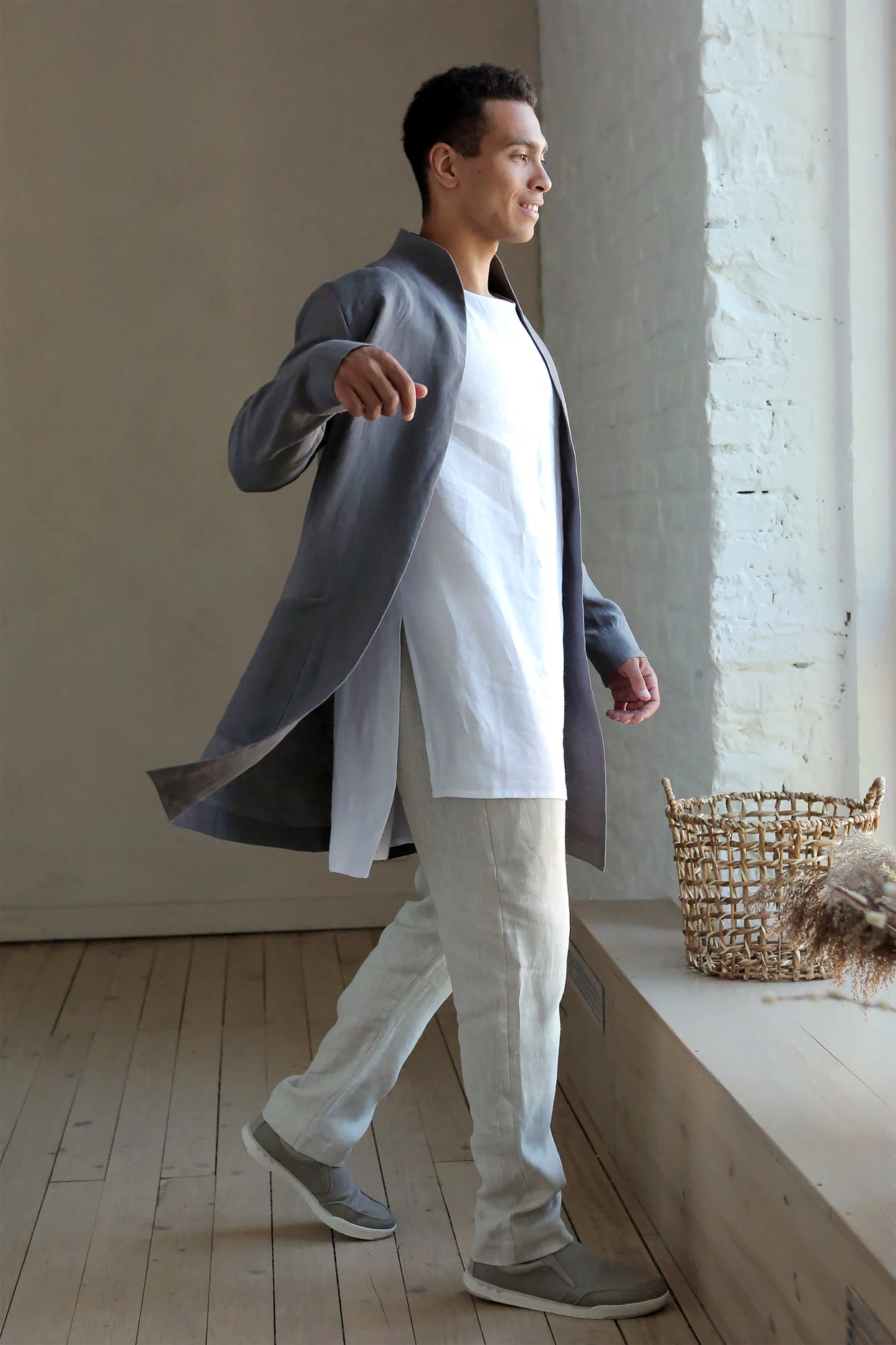 Men’s Linen Trench ALMOND in Dark grey