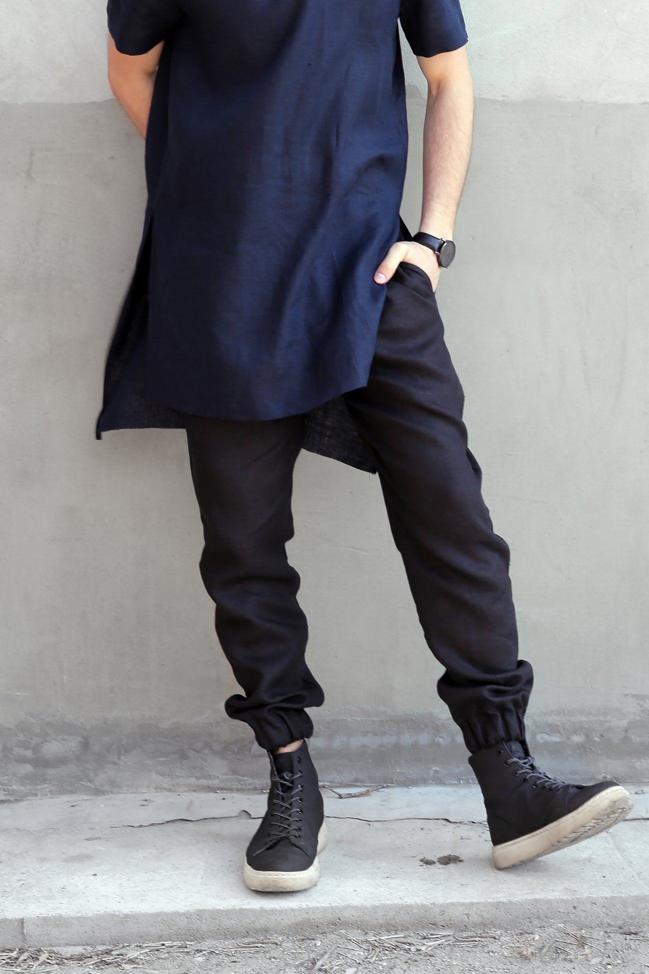 Men’s Long Linen T-Shirt LINDEN in Dark blue