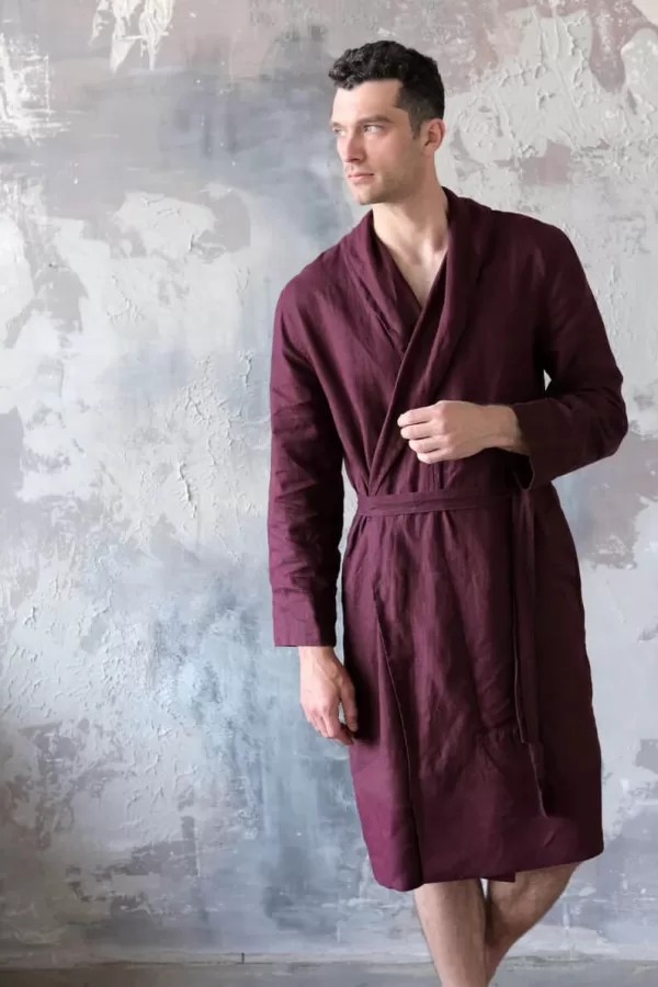 burgundy linen bathrobe