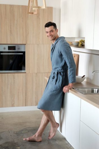 blue-grey bathrobe