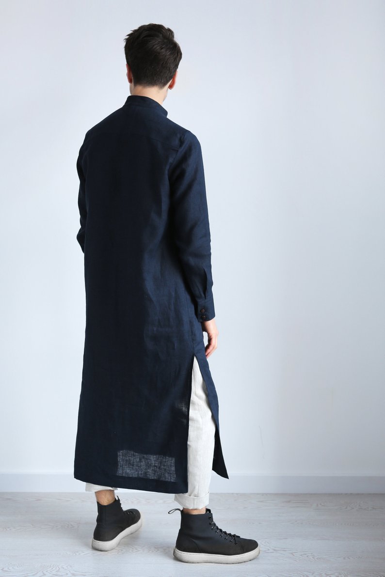 Men's Long Linen Shirt, Kaftan - Black Ficus Linen Clothing