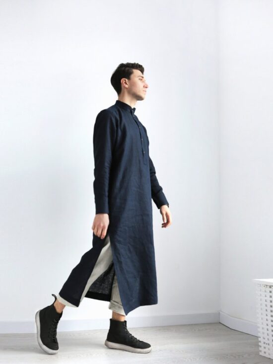 Men’s Long Linen Shirt, Kaftan - Black Ficus Linen Clothing