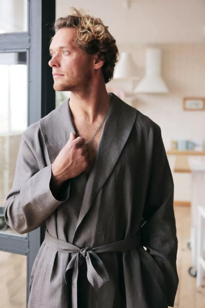 Men's linen bathrobe - Black Ficus Linen Clothing