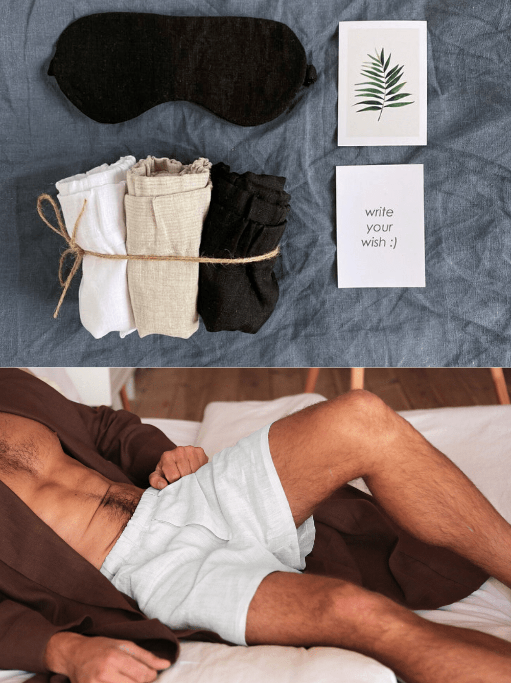 Gift SET of Mens linen underwear + sleep mask - Black Ficus Linen