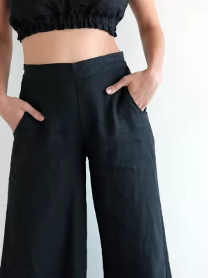 Wide-Leg Linen Pants - Black Ficus Linen Clothing