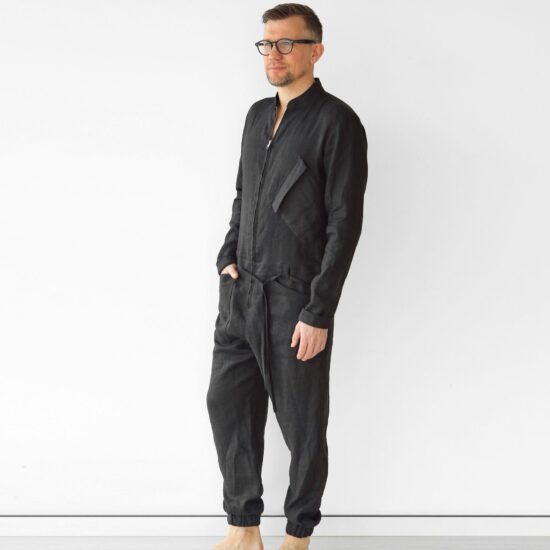 Mens Linen Jumpsuit - Black Ficus Linen Clothing