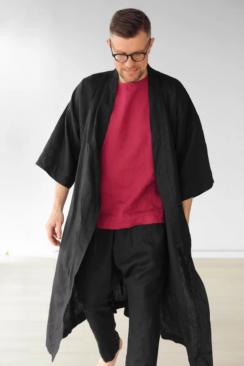 Black Men's Kimono Robe Loungewear Jacket Japanese Kimono Men Mens Linen  Shirt Plus Size Kimono Cardigan Homewear Linen Clothing A0344 